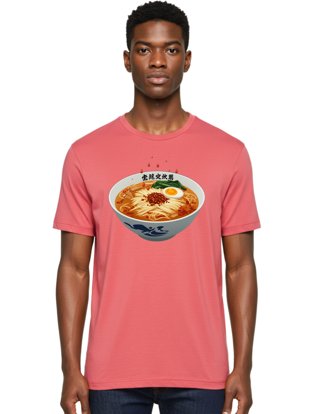 Ramen-With-Egg Men'S Graphic Tee, 100% Cotton, Comfortable Casual Summer Wear, Machine Washable, Spicy Ramen, Boiled Egg, Noodles, Red Pepper, Asian Cuisine, Japanese Food, Chinese Characters, Cartoon Illustration, Savory Broth Bab320