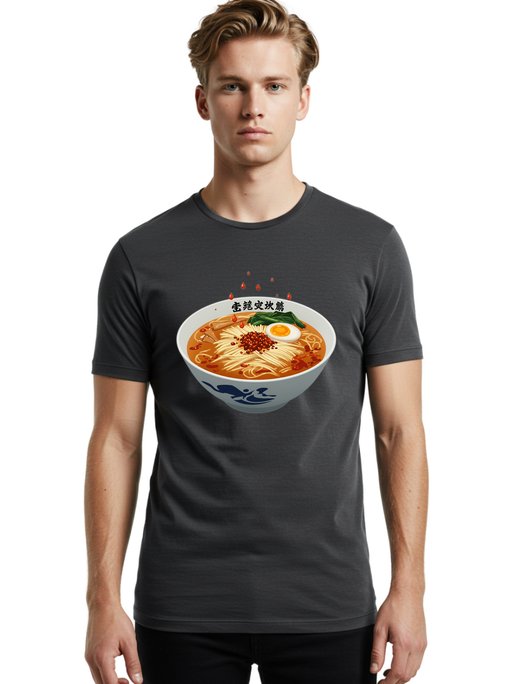 Ramen-With-Egg Men'S Graphic Tee, 100% Cotton, Comfortable Casual Summer Wear, Machine Washable, Spicy Ramen, Boiled Egg, Noodles, Red Pepper, Asian Cuisine, Japanese Food, Chinese Characters, Cartoon Illustration, Savory Broth Bab320