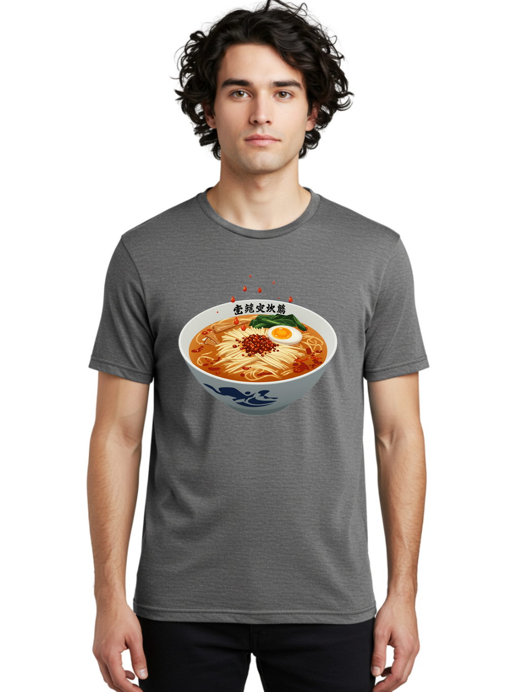 Ramen-With-Egg Men'S Graphic Tee, 100% Cotton, Comfortable Casual Summer Wear, Machine Washable, Spicy Ramen, Boiled Egg, Noodles, Red Pepper, Asian Cuisine, Japanese Food, Chinese Characters, Cartoon Illustration, Savory Broth Bab320