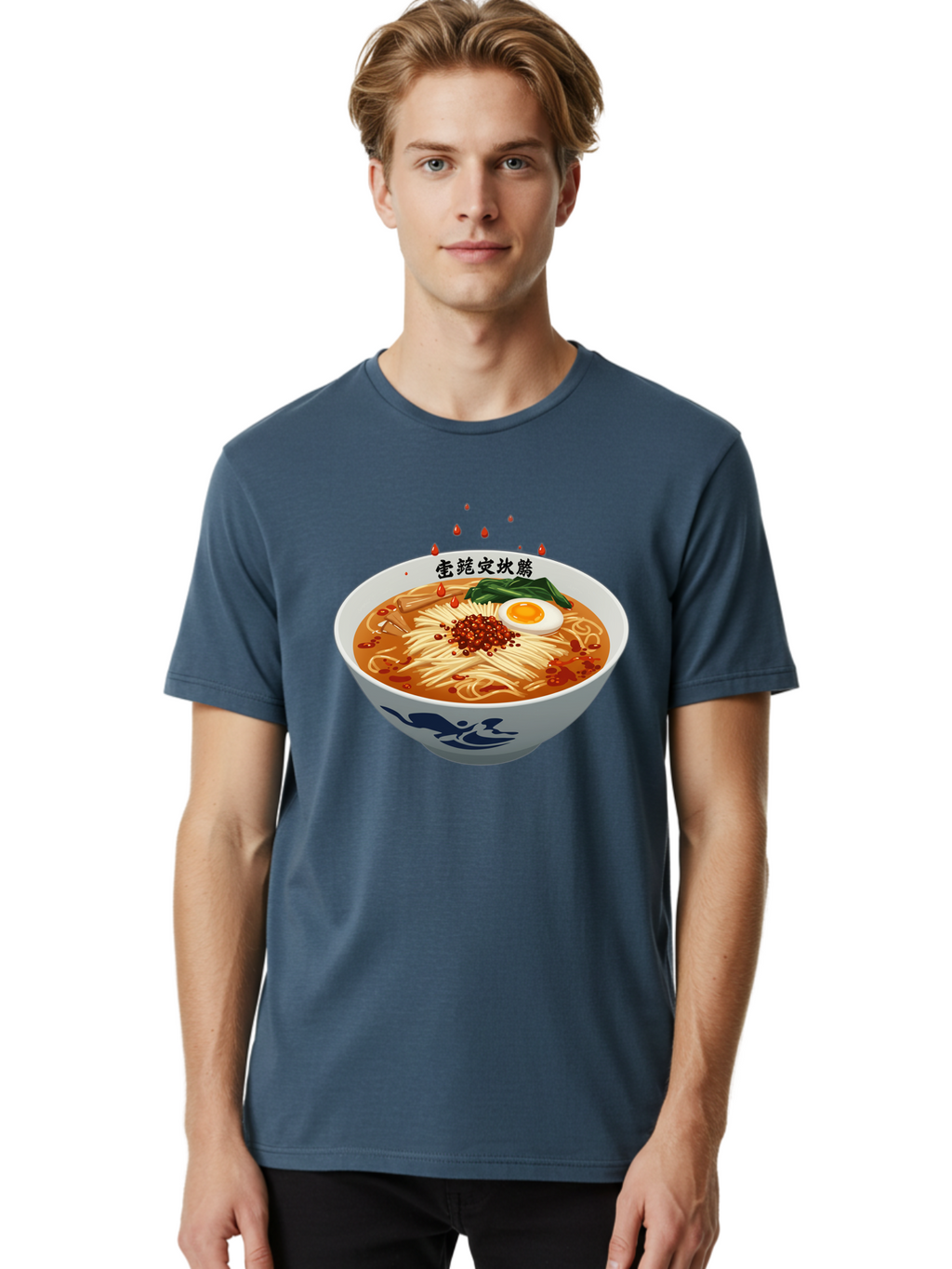 Ramen-With-Egg Men'S Graphic Tee, 100% Cotton, Comfortable Casual Summer Wear, Machine Washable, Spicy Ramen, Boiled Egg, Noodles, Red Pepper, Asian Cuisine, Japanese Food, Chinese Characters, Cartoon Illustration, Savory Broth Bab320