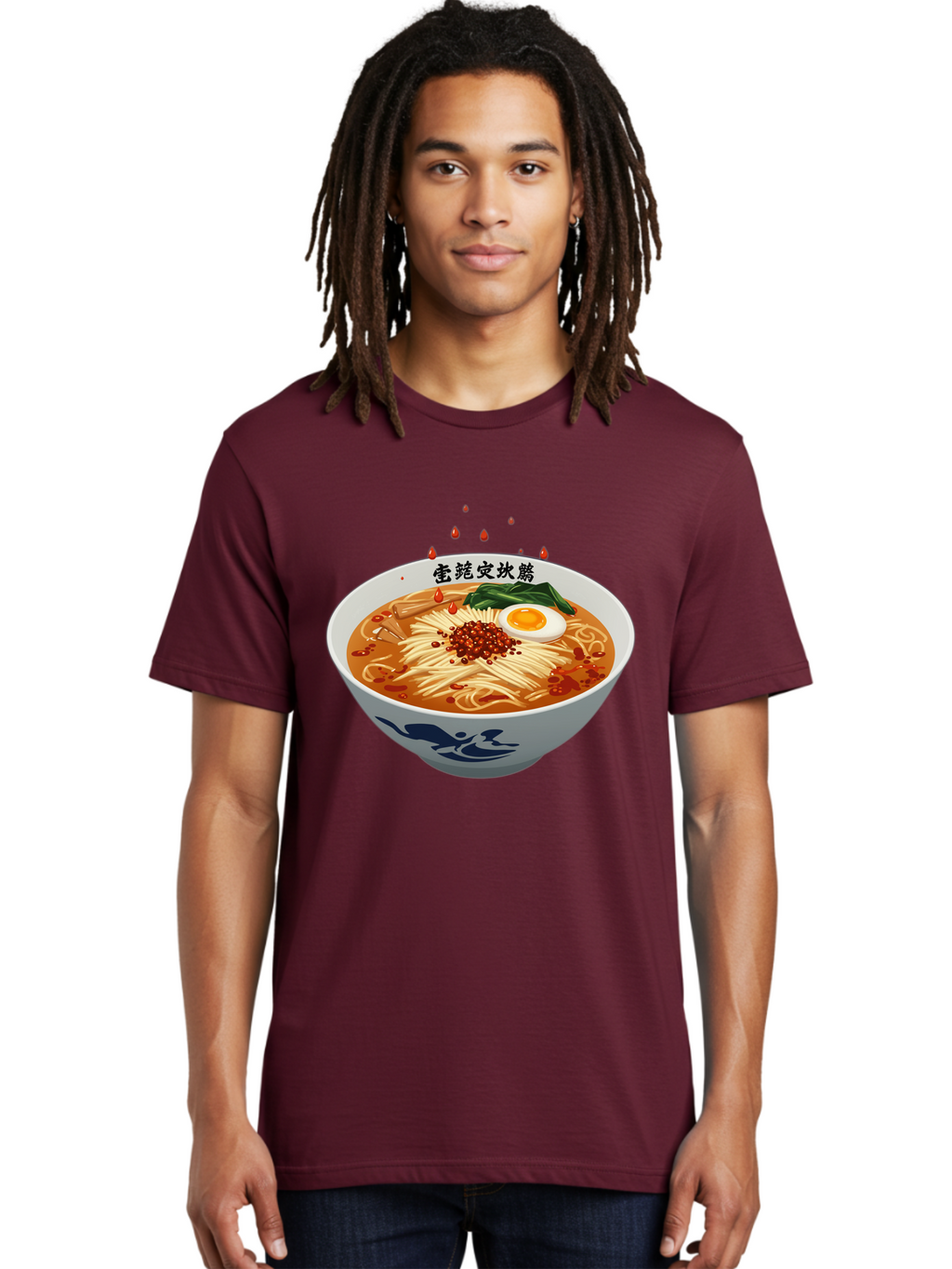 Ramen-With-Egg Men'S Graphic Tee, 100% Cotton, Comfortable Casual Summer Wear, Machine Washable, Spicy Ramen, Boiled Egg, Noodles, Red Pepper, Asian Cuisine, Japanese Food, Chinese Characters, Cartoon Illustration, Savory Broth Bab320