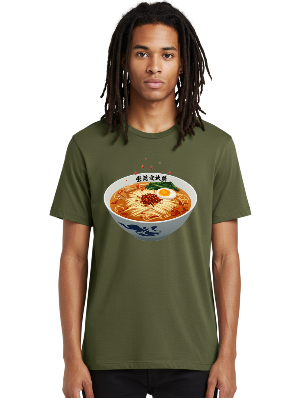 Ramen-With-Egg Men'S Graphic Tee, 100% Cotton, Comfortable Casual Summer Wear, Machine Washable, Spicy Ramen, Boiled Egg, Noodles, Red Pepper, Asian Cuisine, Japanese Food, Chinese Characters, Cartoon Illustration, Savory Broth Bab320