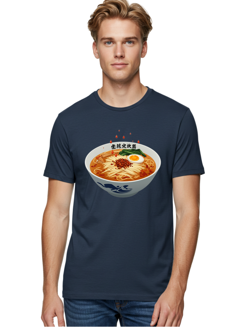 Ramen-With-Egg Men'S Graphic Tee, 100% Cotton, Comfortable Casual Summer Wear, Machine Washable, Spicy Ramen, Boiled Egg, Noodles, Red Pepper, Asian Cuisine, Japanese Food, Chinese Characters, Cartoon Illustration, Savory Broth Bab320