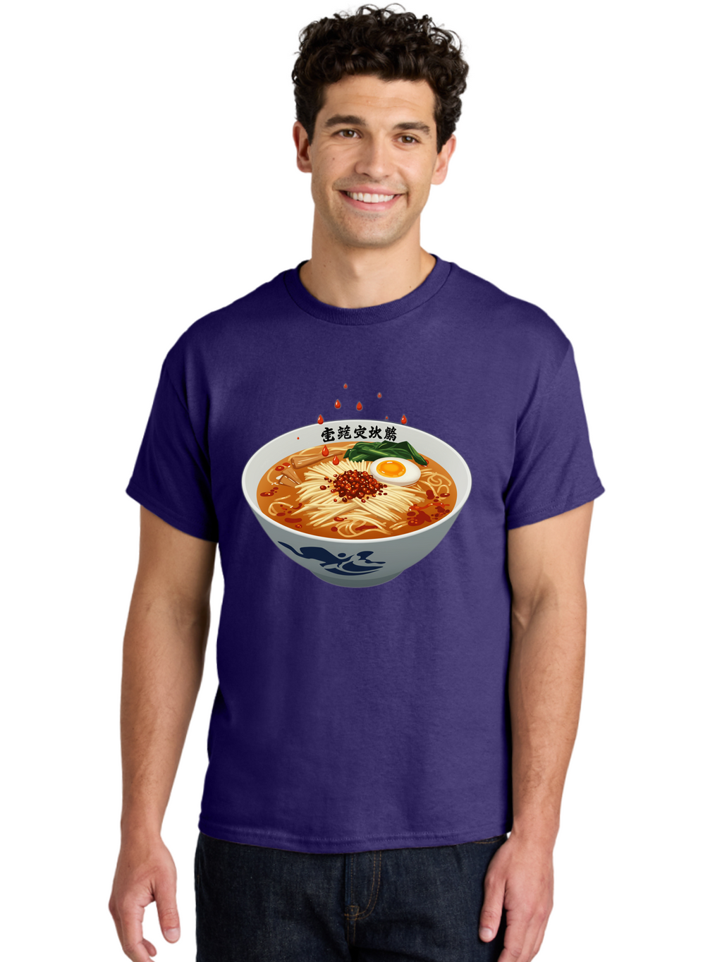 Ramen-With-Egg Men'S Graphic Tee, 100% Cotton, Comfortable Casual Summer Wear, Machine Washable, Spicy Ramen, Boiled Egg, Noodles, Red Pepper, Asian Cuisine, Japanese Food, Chinese Characters, Cartoon Illustration, Savory Broth Bab320