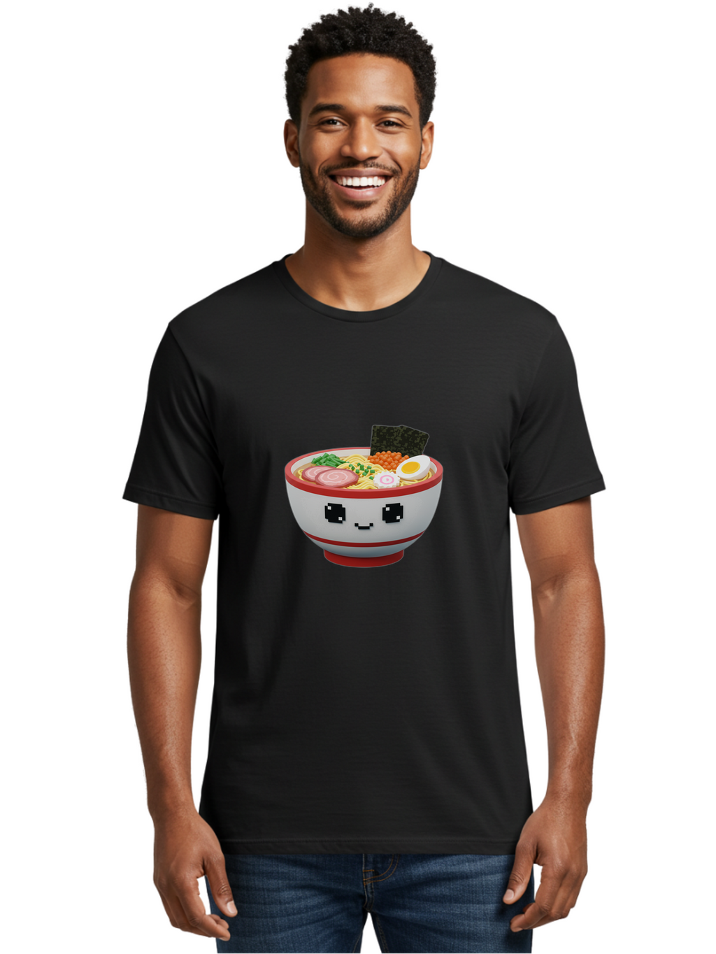 Ramen Men'S Graphic Tee, 100% Cotton, Comfortable Casual Summer Wear, Machine Washable, Cartoon Ramen Bowl, Pixel Art Style, Delicious Noodle Soup, Tasty Ingredients, Boiled Egg, Seaweed, Kawaii Food, Adorable Character, Anime Inspired, Bab321