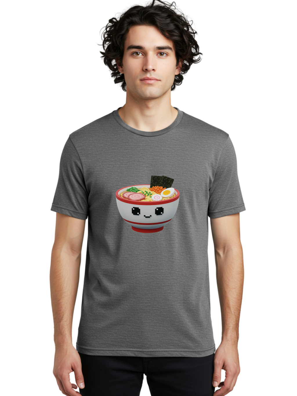 Ramen Men'S Graphic Tee, 100% Cotton, Comfortable Casual Summer Wear, Machine Washable, Cartoon Ramen Bowl, Pixel Art Style, Delicious Noodle Soup, Tasty Ingredients, Boiled Egg, Seaweed, Kawaii Food, Adorable Character, Anime Inspired, Bab321