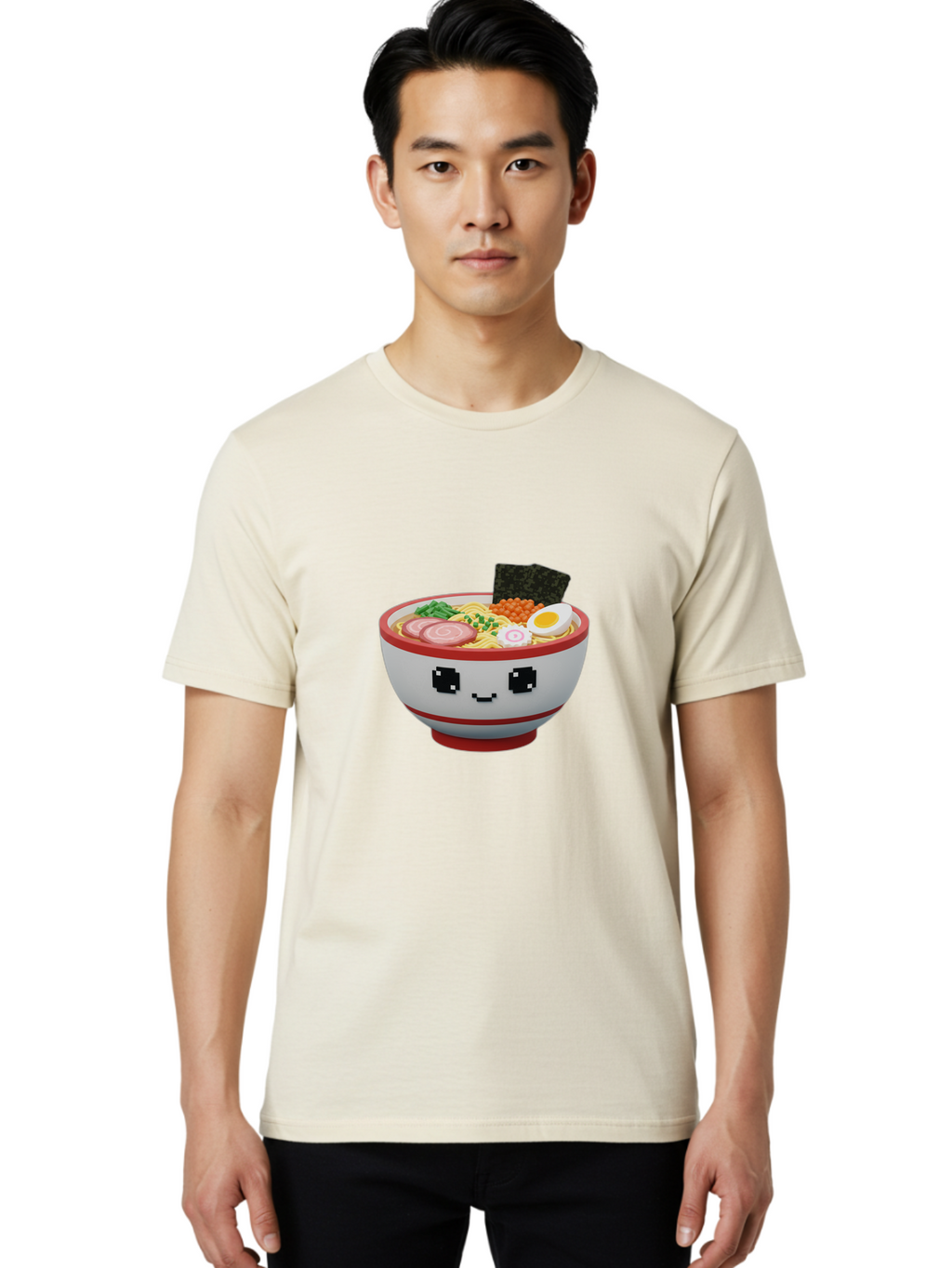 Ramen Men'S Graphic Tee, 100% Cotton, Comfortable Casual Summer Wear, Machine Washable, Cartoon Ramen Bowl, Pixel Art Style, Delicious Noodle Soup, Tasty Ingredients, Boiled Egg, Seaweed, Kawaii Food, Adorable Character, Anime Inspired, Bab321