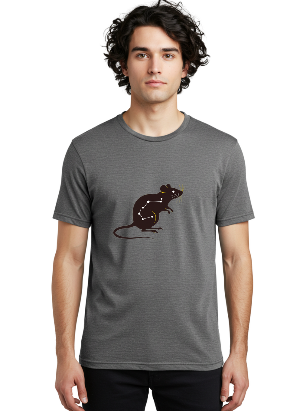 Rat-Constellation Men'S Graphic Tee, 100% Cotton, Comfortable Casual Summer Wear, Machine Washable, Rat Silhouette, Constellation Pattern, Zodiac Symbol, Black Rat, White Stars, Mystical Animal, Astrology, Horoscope Sign Bab322