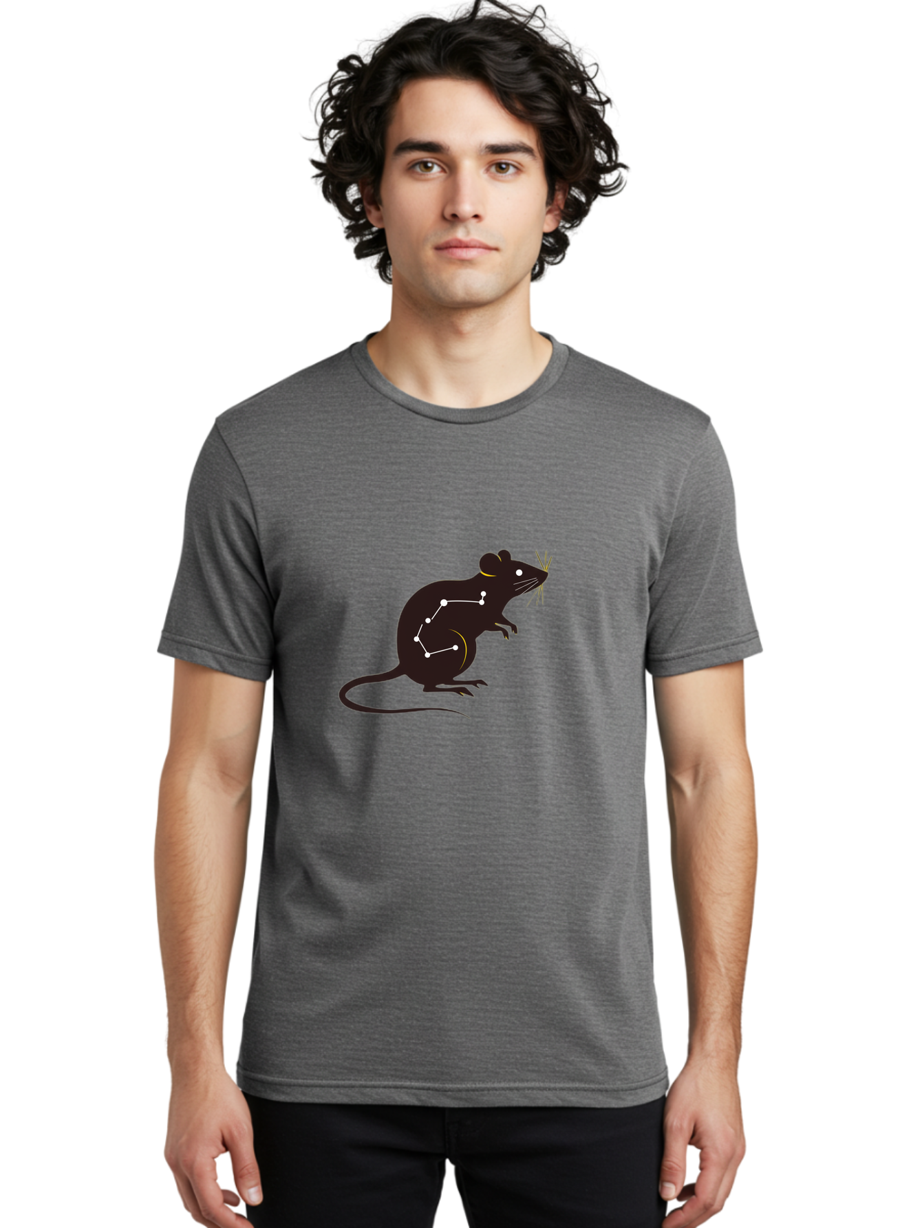 Rat-Constellation Men'S Graphic Tee, 100% Cotton, Comfortable Casual Summer Wear, Machine Washable, Rat Silhouette, Constellation Pattern, Zodiac Symbol, Black Rat, White Stars, Mystical Animal, Astrology, Horoscope Sign Bab322