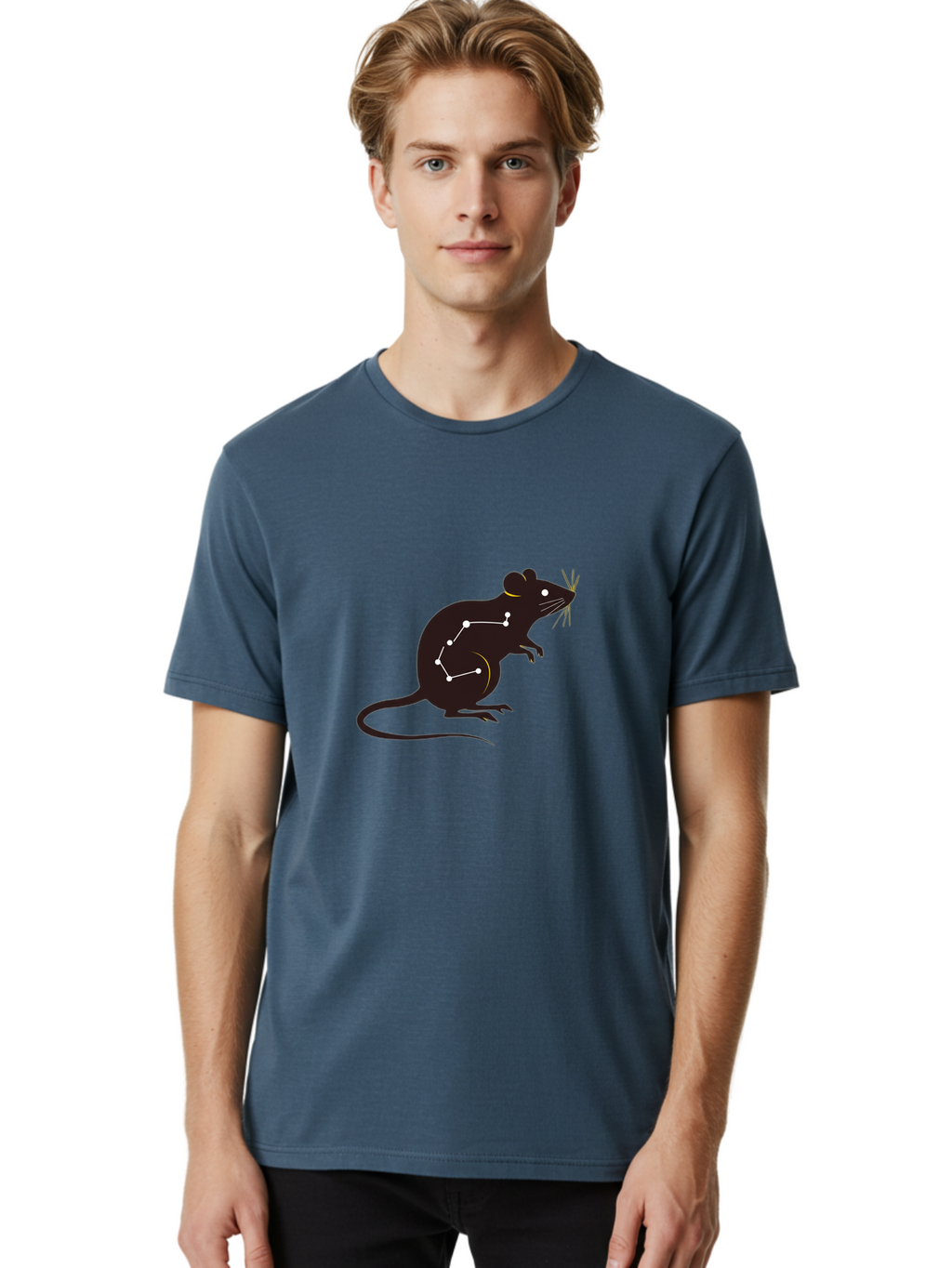 Rat-Constellation Men'S Graphic Tee, 100% Cotton, Comfortable Casual Summer Wear, Machine Washable, Rat Silhouette, Constellation Pattern, Zodiac Symbol, Black Rat, White Stars, Mystical Animal, Astrology, Horoscope Sign Bab322