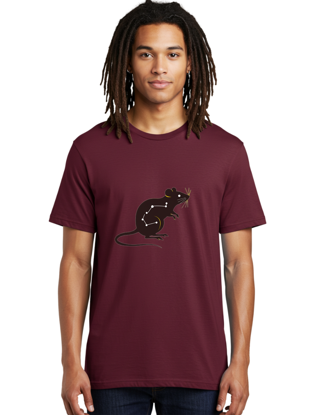 Rat-Constellation Men'S Graphic Tee, 100% Cotton, Comfortable Casual Summer Wear, Machine Washable, Rat Silhouette, Constellation Pattern, Zodiac Symbol, Black Rat, White Stars, Mystical Animal, Astrology, Horoscope Sign Bab322