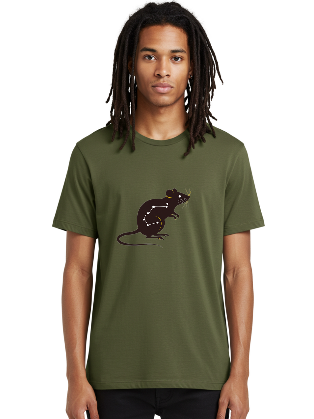 Rat-Constellation Men'S Graphic Tee, 100% Cotton, Comfortable Casual Summer Wear, Machine Washable, Rat Silhouette, Constellation Pattern, Zodiac Symbol, Black Rat, White Stars, Mystical Animal, Astrology, Horoscope Sign Bab322