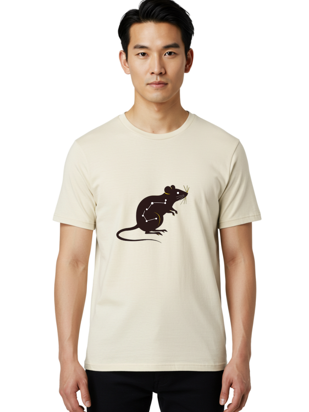 Rat-Constellation Men'S Graphic Tee, 100% Cotton, Comfortable Casual Summer Wear, Machine Washable, Rat Silhouette, Constellation Pattern, Zodiac Symbol, Black Rat, White Stars, Mystical Animal, Astrology, Horoscope Sign Bab322