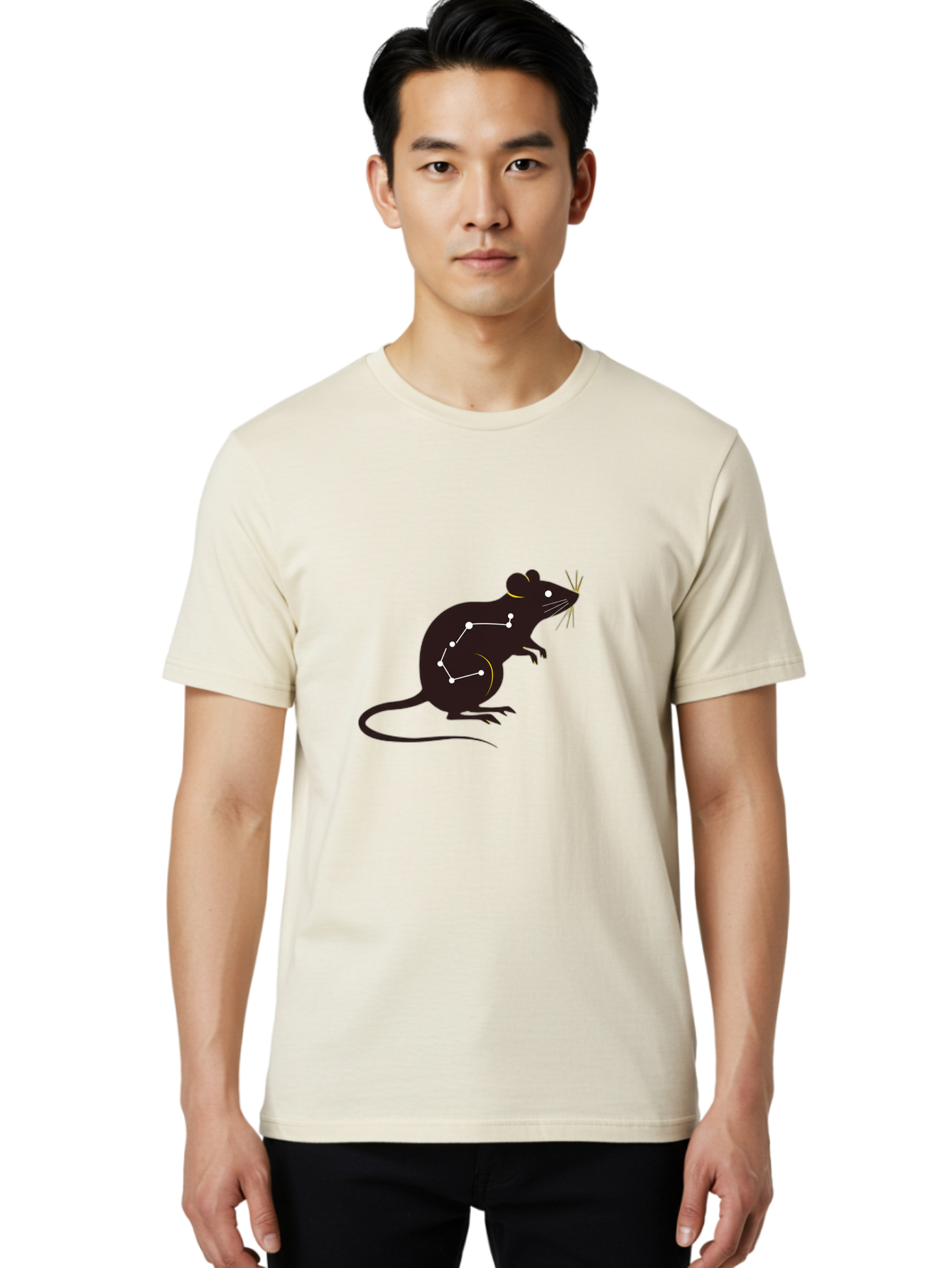 Rat-Constellation Men'S Graphic Tee, 100% Cotton, Comfortable Casual Summer Wear, Machine Washable, Rat Silhouette, Constellation Pattern, Zodiac Symbol, Black Rat, White Stars, Mystical Animal, Astrology, Horoscope Sign Bab322