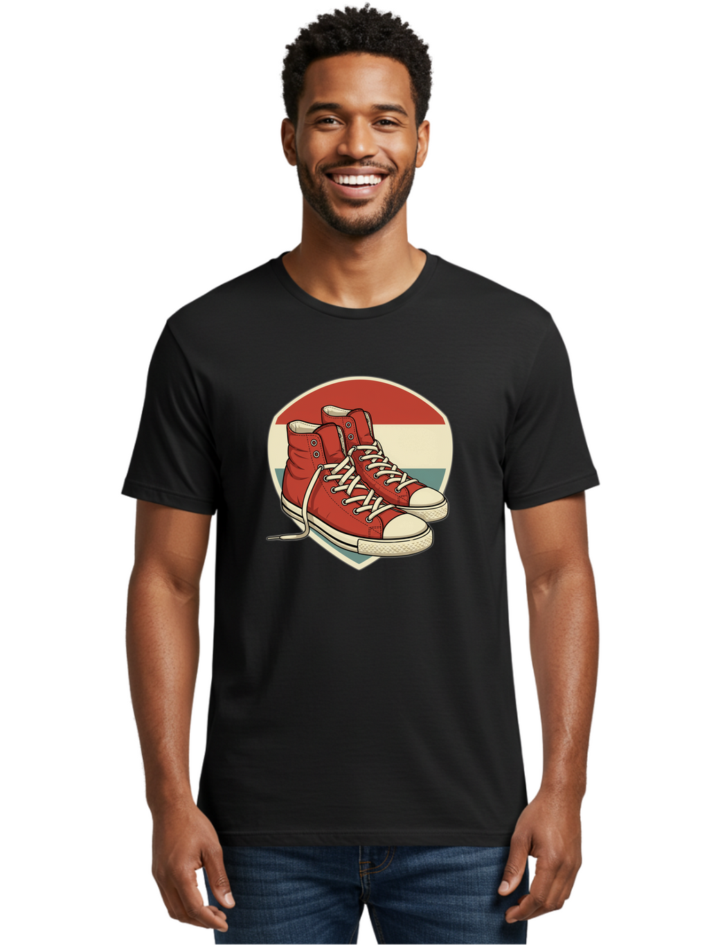 Red-Converse-Shoes Men'S Graphic Tee, 100% Cotton, Comfortable Casual Summer Wear, Machine Washable, Red High Top Sneakers, White Laces, Converse Shoes, Retro Sneakers, Vintage Footwear, Casual Wear, Comfortable Shoes, Red Canvas Sneakers, Bab325