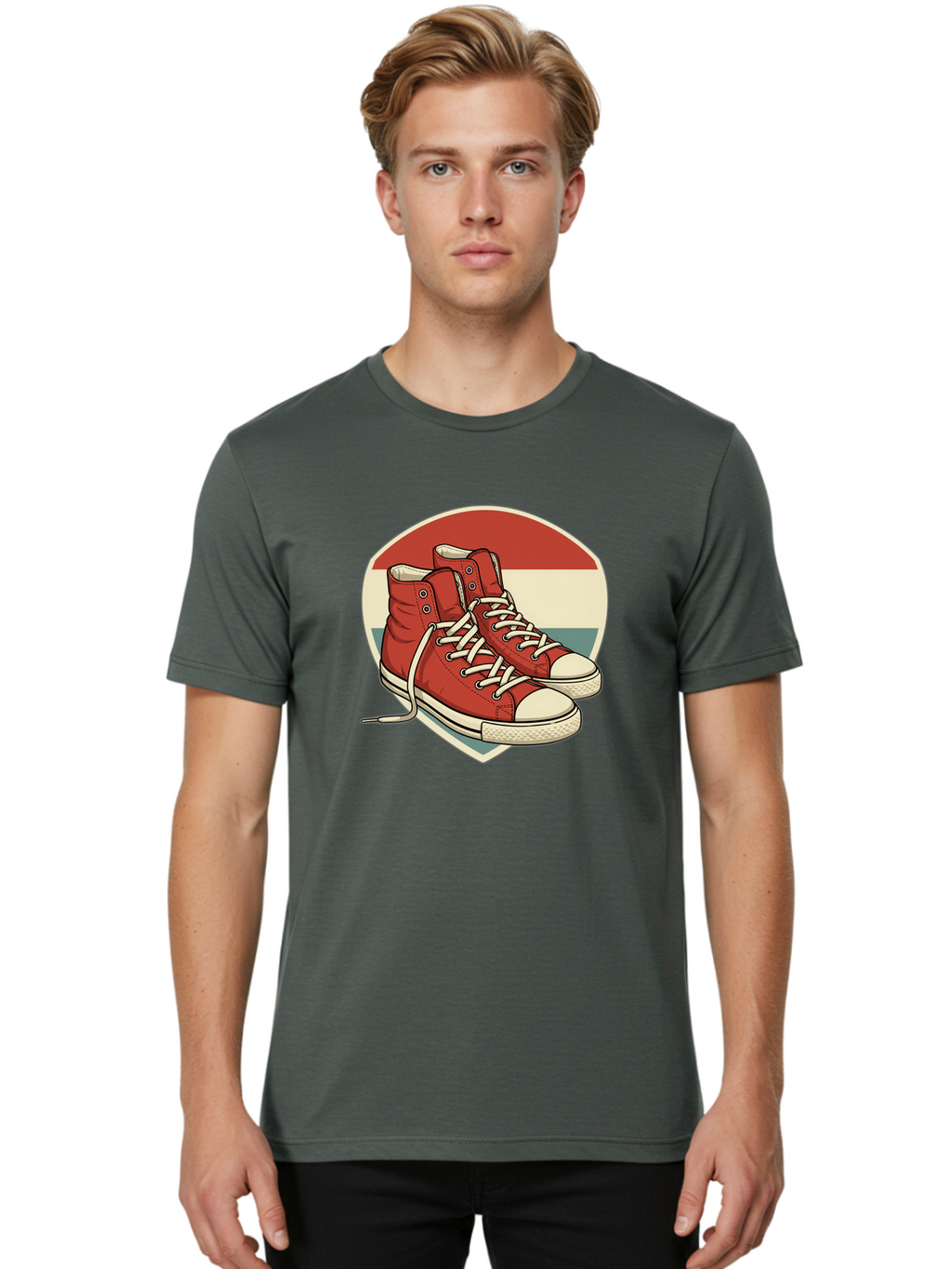 Red-Converse-Shoes Men'S Graphic Tee, 100% Cotton, Comfortable Casual Summer Wear, Machine Washable, Red High Top Sneakers, White Laces, Converse Shoes, Retro Sneakers, Vintage Footwear, Casual Wear, Comfortable Shoes, Red Canvas Sneakers, Bab325