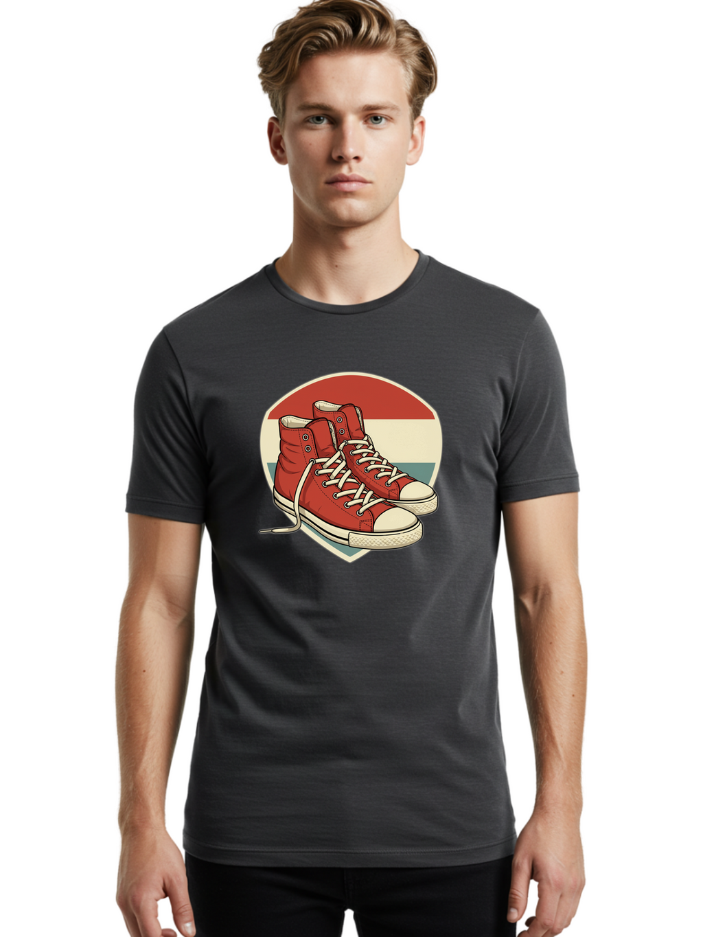 Red-Converse-Shoes Men'S Graphic Tee, 100% Cotton, Comfortable Casual Summer Wear, Machine Washable, Red High Top Sneakers, White Laces, Converse Shoes, Retro Sneakers, Vintage Footwear, Casual Wear, Comfortable Shoes, Red Canvas Sneakers, Bab325