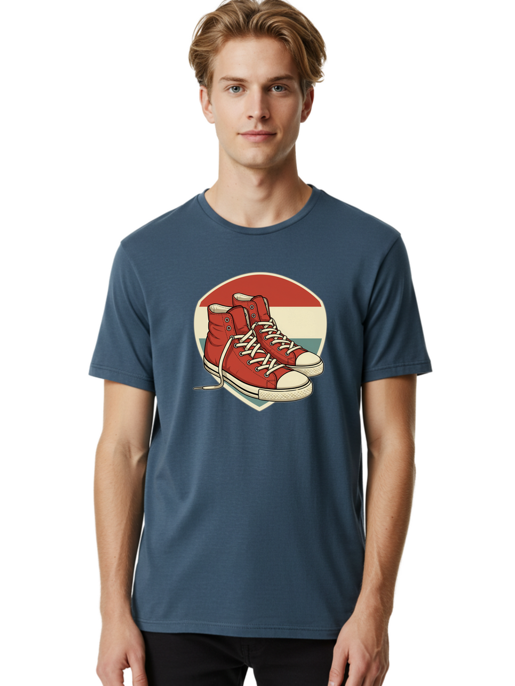 Red-Converse-Shoes Men'S Graphic Tee, 100% Cotton, Comfortable Casual Summer Wear, Machine Washable, Red High Top Sneakers, White Laces, Converse Shoes, Retro Sneakers, Vintage Footwear, Casual Wear, Comfortable Shoes, Red Canvas Sneakers, Bab325