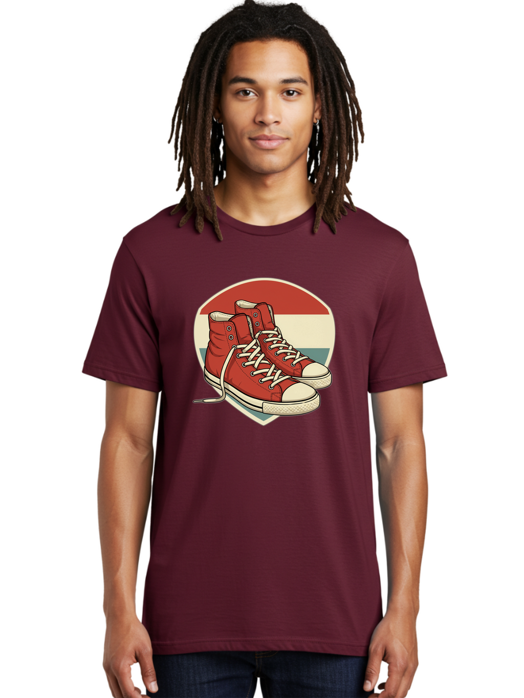 Red-Converse-Shoes Men'S Graphic Tee, 100% Cotton, Comfortable Casual Summer Wear, Machine Washable, Red High Top Sneakers, White Laces, Converse Shoes, Retro Sneakers, Vintage Footwear, Casual Wear, Comfortable Shoes, Red Canvas Sneakers, Bab325