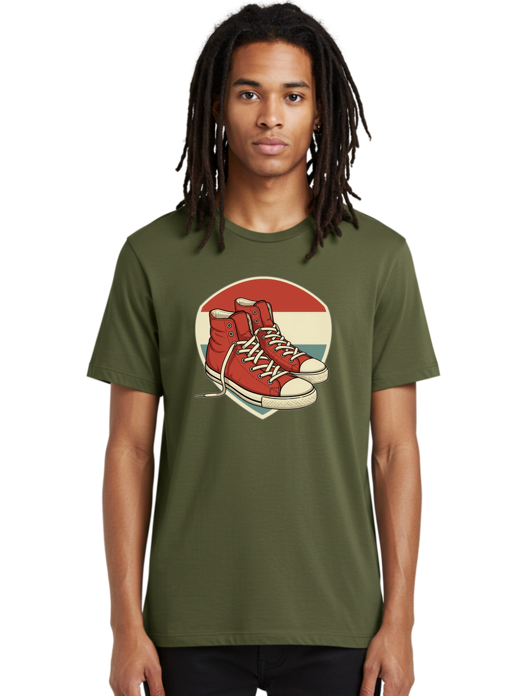 Red-Converse-Shoes Men'S Graphic Tee, 100% Cotton, Comfortable Casual Summer Wear, Machine Washable, Red High Top Sneakers, White Laces, Converse Shoes, Retro Sneakers, Vintage Footwear, Casual Wear, Comfortable Shoes, Red Canvas Sneakers, Bab325