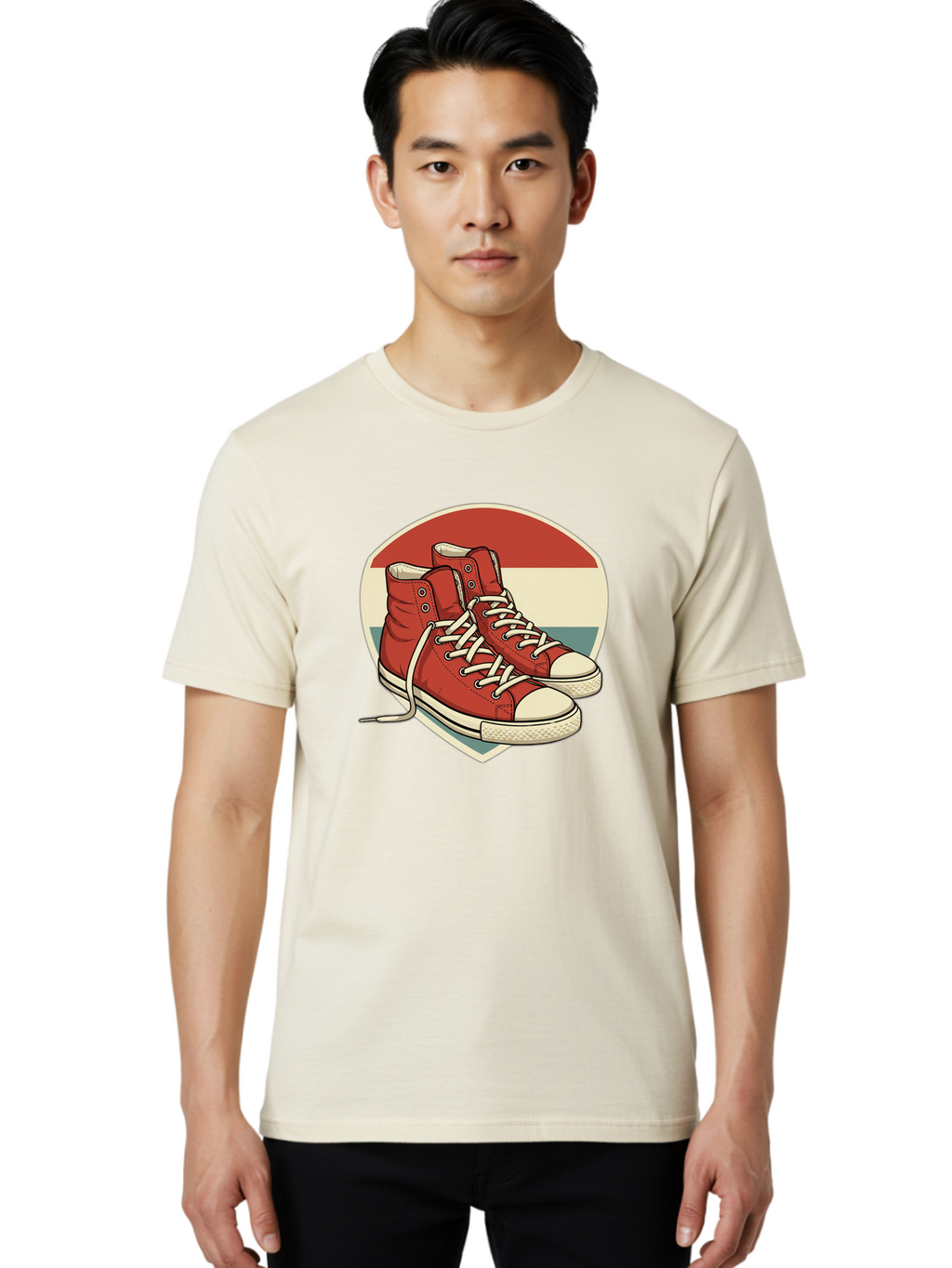 Red-Converse-Shoes Men'S Graphic Tee, 100% Cotton, Comfortable Casual Summer Wear, Machine Washable, Red High Top Sneakers, White Laces, Converse Shoes, Retro Sneakers, Vintage Footwear, Casual Wear, Comfortable Shoes, Red Canvas Sneakers, Bab325