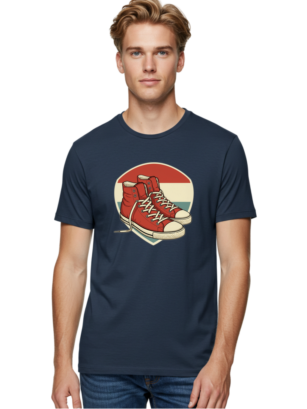 Red-Converse-Shoes Men'S Graphic Tee, 100% Cotton, Comfortable Casual Summer Wear, Machine Washable, Red High Top Sneakers, White Laces, Converse Shoes, Retro Sneakers, Vintage Footwear, Casual Wear, Comfortable Shoes, Red Canvas Sneakers, Bab325