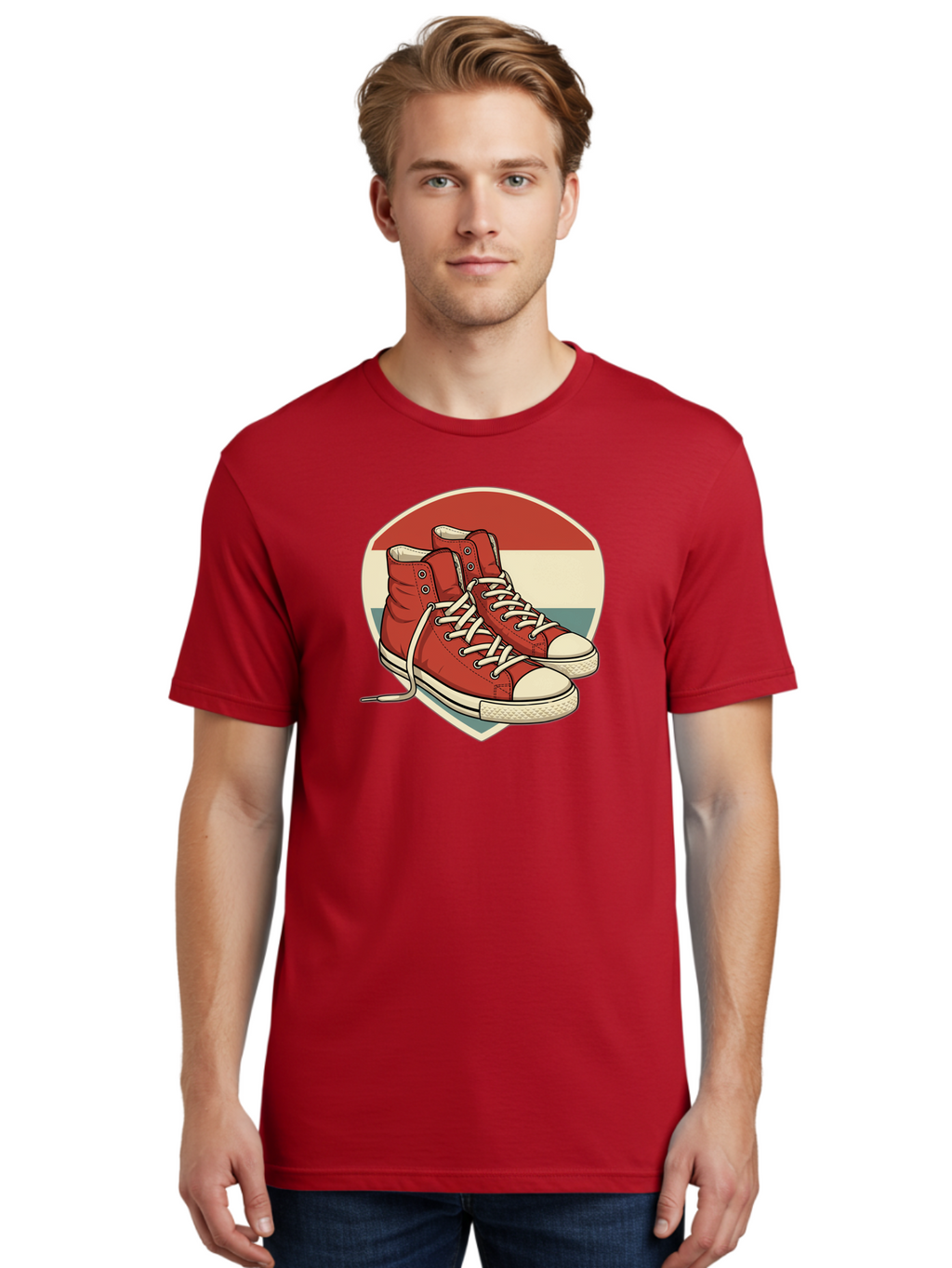 Red-Converse-Shoes Men'S Graphic Tee, 100% Cotton, Comfortable Casual Summer Wear, Machine Washable, Red High Top Sneakers, White Laces, Converse Shoes, Retro Sneakers, Vintage Footwear, Casual Wear, Comfortable Shoes, Red Canvas Sneakers, Bab325