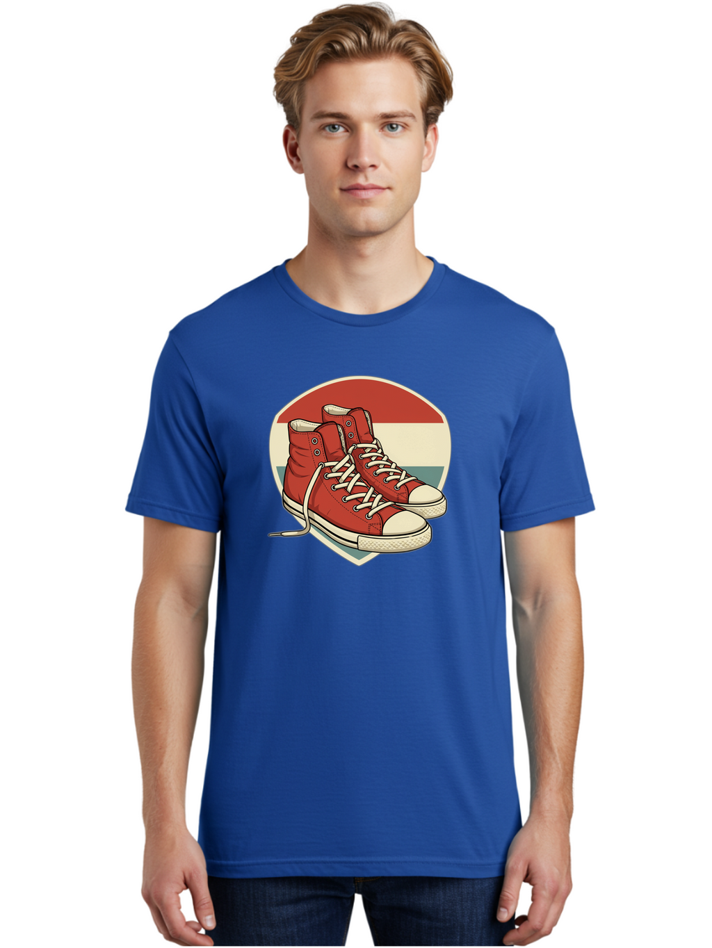 Red-Converse-Shoes Men'S Graphic Tee, 100% Cotton, Comfortable Casual Summer Wear, Machine Washable, Red High Top Sneakers, White Laces, Converse Shoes, Retro Sneakers, Vintage Footwear, Casual Wear, Comfortable Shoes, Red Canvas Sneakers, Bab325