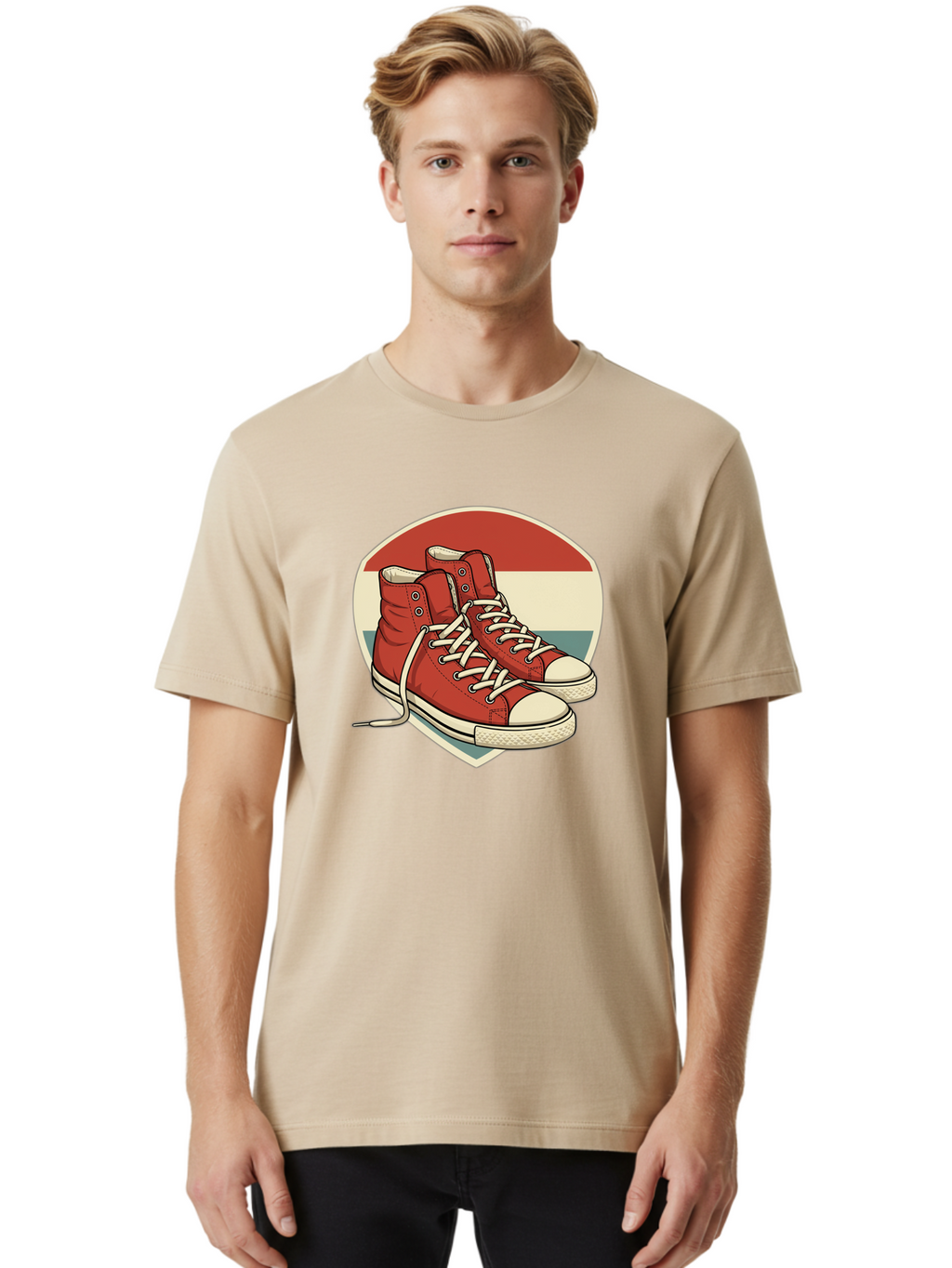 Red-Converse-Shoes Men'S Graphic Tee, 100% Cotton, Comfortable Casual Summer Wear, Machine Washable, Red High Top Sneakers, White Laces, Converse Shoes, Retro Sneakers, Vintage Footwear, Casual Wear, Comfortable Shoes, Red Canvas Sneakers, Bab325