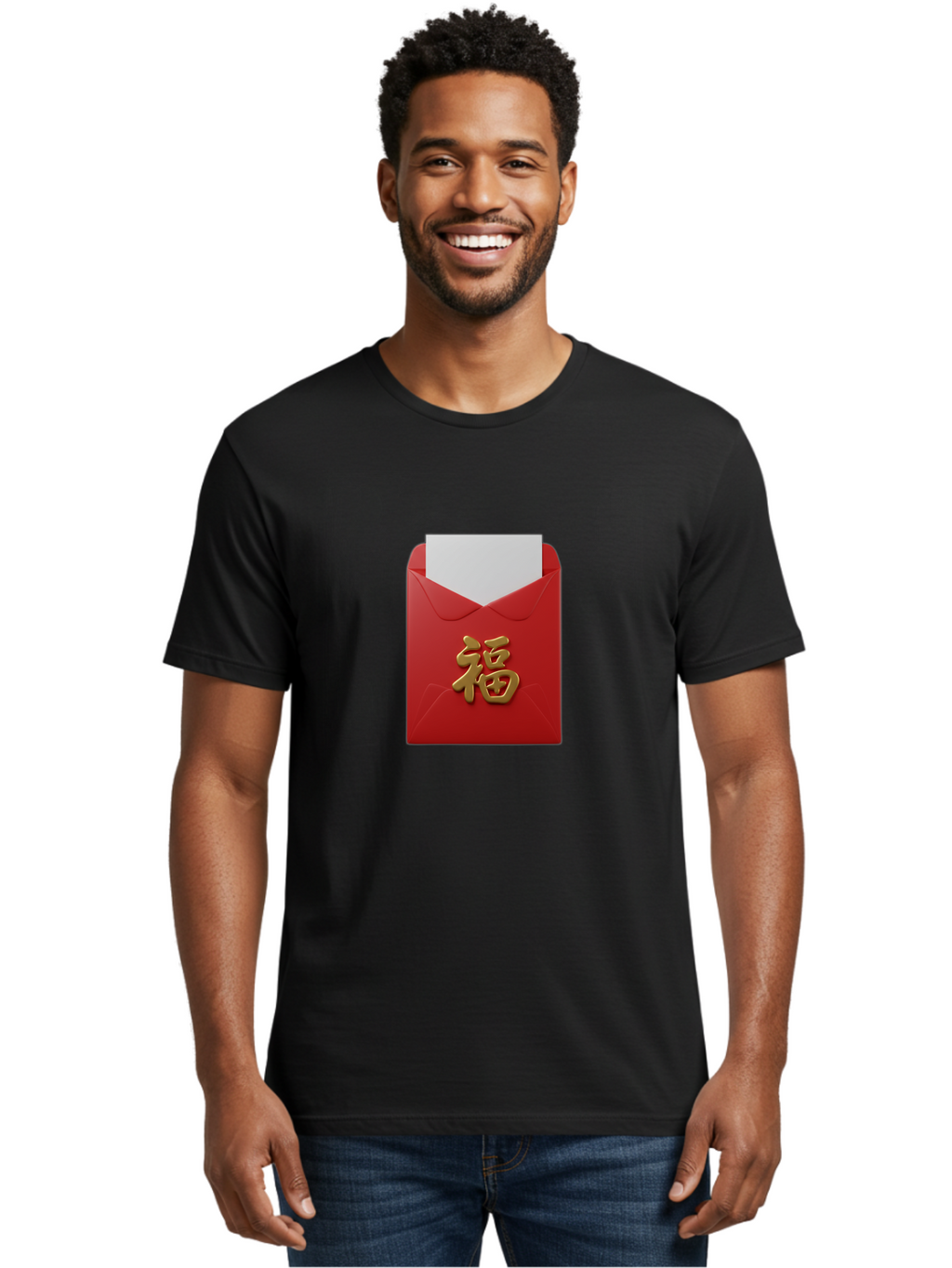 Red-Envelope-With-Fu-Character Men'S Graphic Tee, 100% Cotton, Comfortable Casual Summer Wear, Machine Washable, Red Envelope With Gold Chinese Character, Chinese New Year Gift, Lucky Money, Prosperity Symbol, Cultural Tradition, Bab327