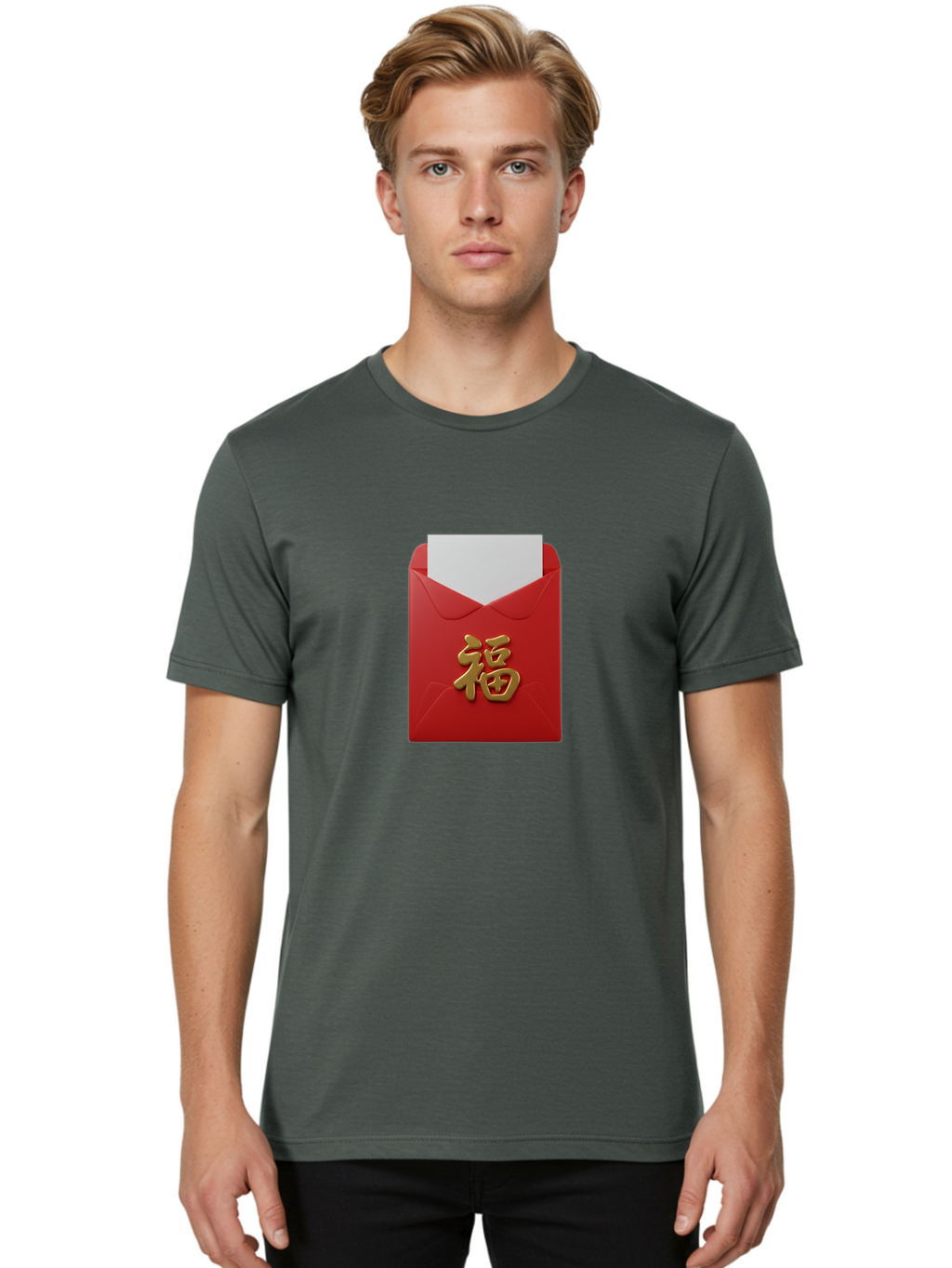 Red-Envelope-With-Fu-Character Men'S Graphic Tee, 100% Cotton, Comfortable Casual Summer Wear, Machine Washable, Red Envelope With Gold Chinese Character, Chinese New Year Gift, Lucky Money, Prosperity Symbol, Cultural Tradition, Bab327