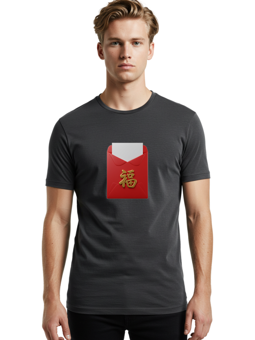 Red-Envelope-With-Fu-Character Men'S Graphic Tee, 100% Cotton, Comfortable Casual Summer Wear, Machine Washable, Red Envelope With Gold Chinese Character, Chinese New Year Gift, Lucky Money, Prosperity Symbol, Cultural Tradition, Bab327