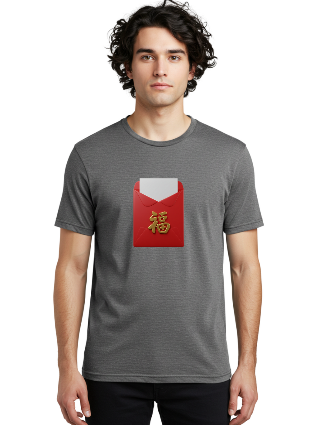 Red-Envelope-With-Fu-Character Men'S Graphic Tee, 100% Cotton, Comfortable Casual Summer Wear, Machine Washable, Red Envelope With Gold Chinese Character, Chinese New Year Gift, Lucky Money, Prosperity Symbol, Cultural Tradition, Bab327