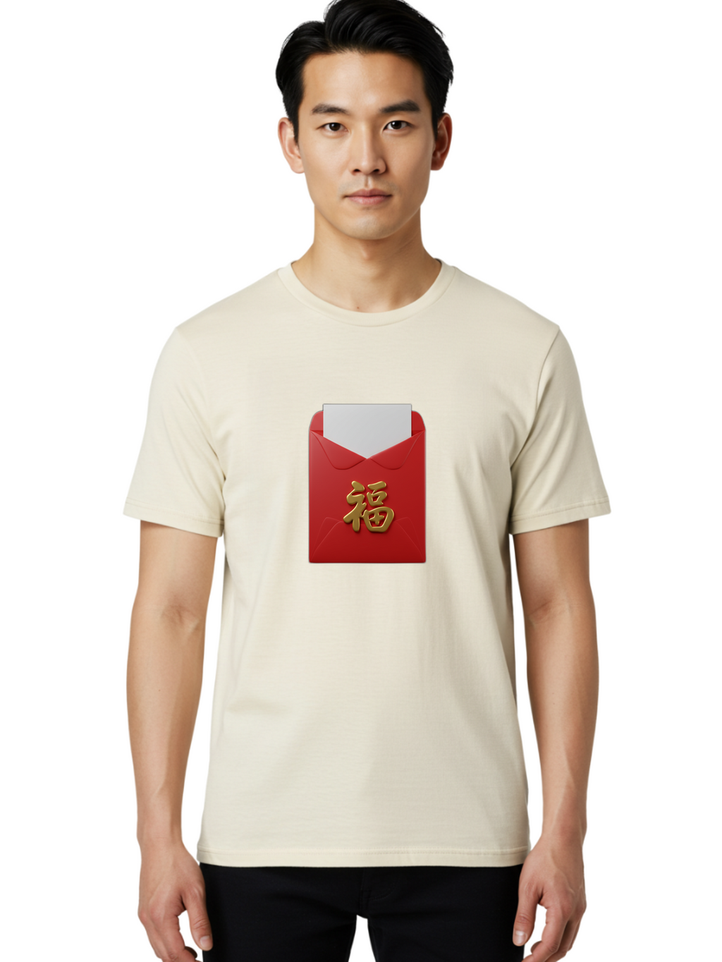 Red-Envelope-With-Fu-Character Men'S Graphic Tee, 100% Cotton, Comfortable Casual Summer Wear, Machine Washable, Red Envelope With Gold Chinese Character, Chinese New Year Gift, Lucky Money, Prosperity Symbol, Cultural Tradition, Bab327