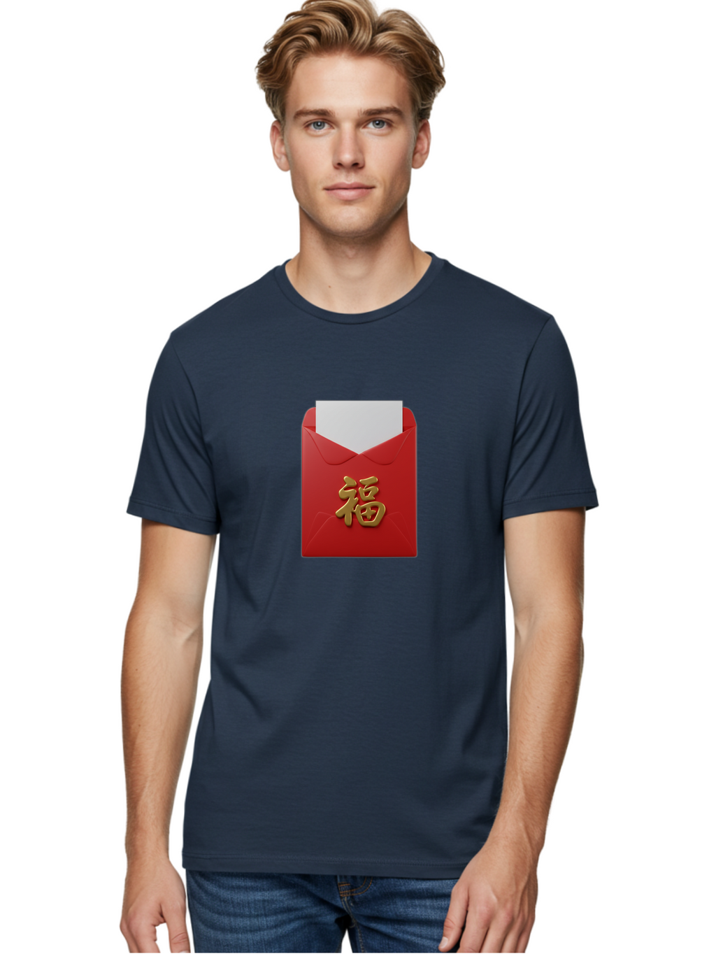 Red-Envelope-With-Fu-Character Men'S Graphic Tee, 100% Cotton, Comfortable Casual Summer Wear, Machine Washable, Red Envelope With Gold Chinese Character, Chinese New Year Gift, Lucky Money, Prosperity Symbol, Cultural Tradition, Bab327