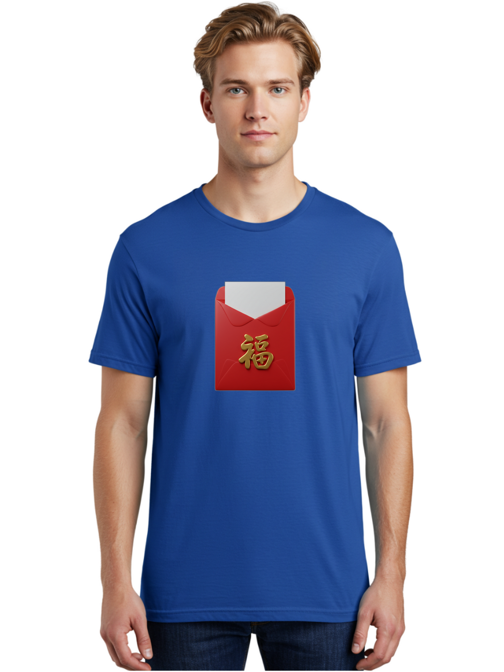 Red-Envelope-With-Fu-Character Men'S Graphic Tee, 100% Cotton, Comfortable Casual Summer Wear, Machine Washable, Red Envelope With Gold Chinese Character, Chinese New Year Gift, Lucky Money, Prosperity Symbol, Cultural Tradition, Bab327