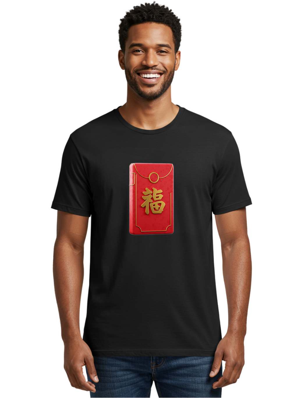 Red-Envelope-With-Fu-Symbol Men'S Graphic Tee, 100% Cotton, Comfortable Casual Summer Wear, Machine Washable, Red Envelope, Gold Trim, Chinese Character, Fu Symbol, Good Luck, Prosperity, Chinese New Year, Red Packet, Gold Accents, Bab328