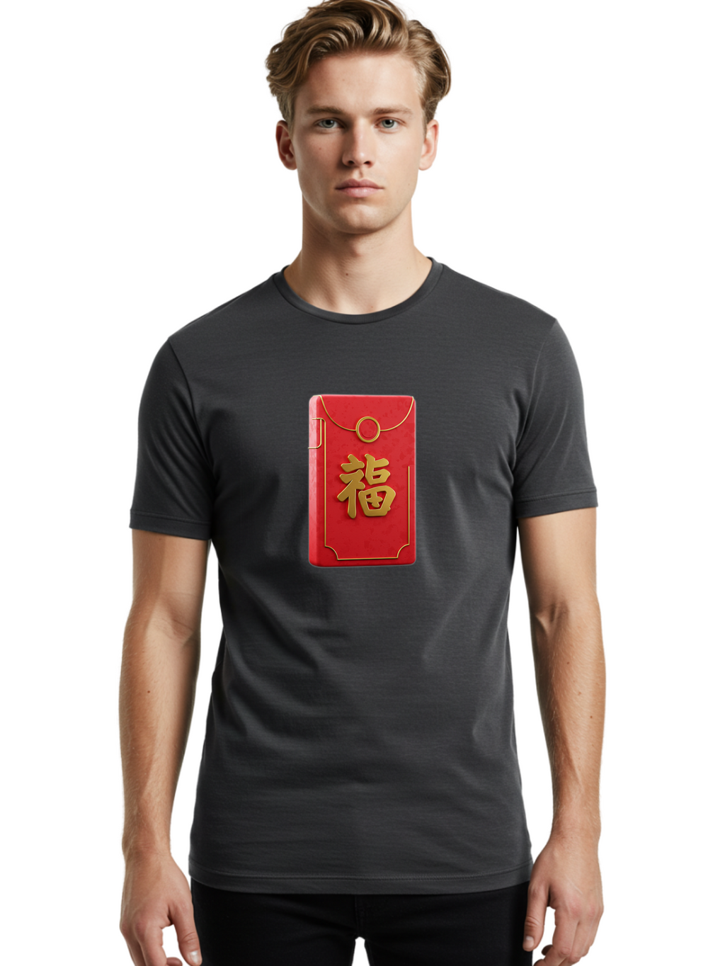 Red-Envelope-With-Fu-Symbol Men'S Graphic Tee, 100% Cotton, Comfortable Casual Summer Wear, Machine Washable, Red Envelope, Gold Trim, Chinese Character, Fu Symbol, Good Luck, Prosperity, Chinese New Year, Red Packet, Gold Accents, Bab328