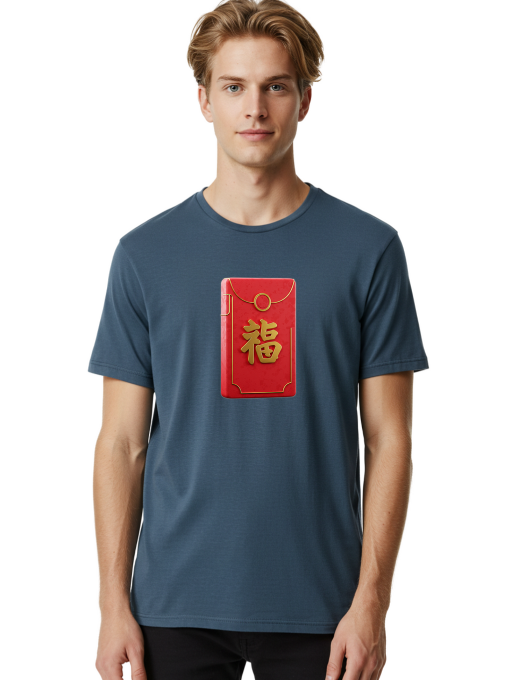 Red-Envelope-With-Fu-Symbol Men'S Graphic Tee, 100% Cotton, Comfortable Casual Summer Wear, Machine Washable, Red Envelope, Gold Trim, Chinese Character, Fu Symbol, Good Luck, Prosperity, Chinese New Year, Red Packet, Gold Accents, Bab328