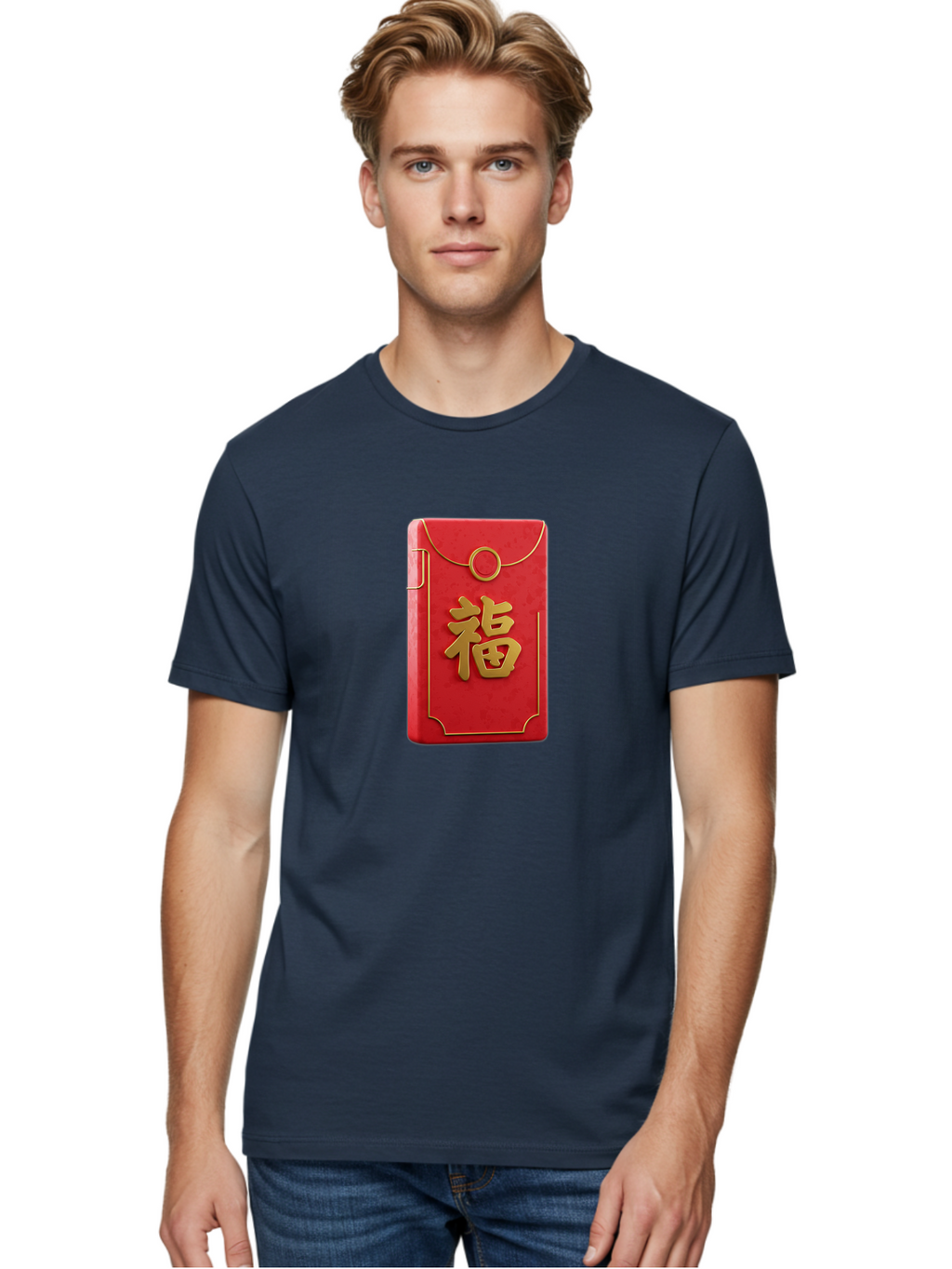 Red-Envelope-With-Fu-Symbol Men'S Graphic Tee, 100% Cotton, Comfortable Casual Summer Wear, Machine Washable, Red Envelope, Gold Trim, Chinese Character, Fu Symbol, Good Luck, Prosperity, Chinese New Year, Red Packet, Gold Accents, Bab328