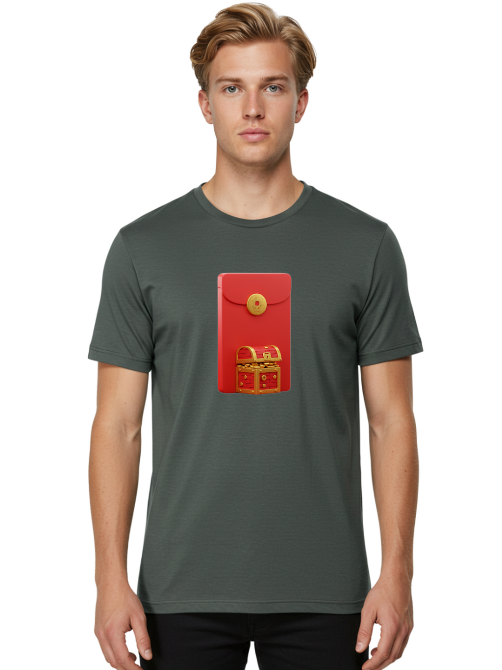 Red-Envelope Men'S Graphic Tee, 100% Cotton, Comfortable Casual Summer Wear, Machine Washable, Red Envelope With Golden Clasp, Treasure Chest Filled With Gold Coins, Prosperity Symbol, Good Fortune, Wealth, Luck, Festive Decoration, Bab329