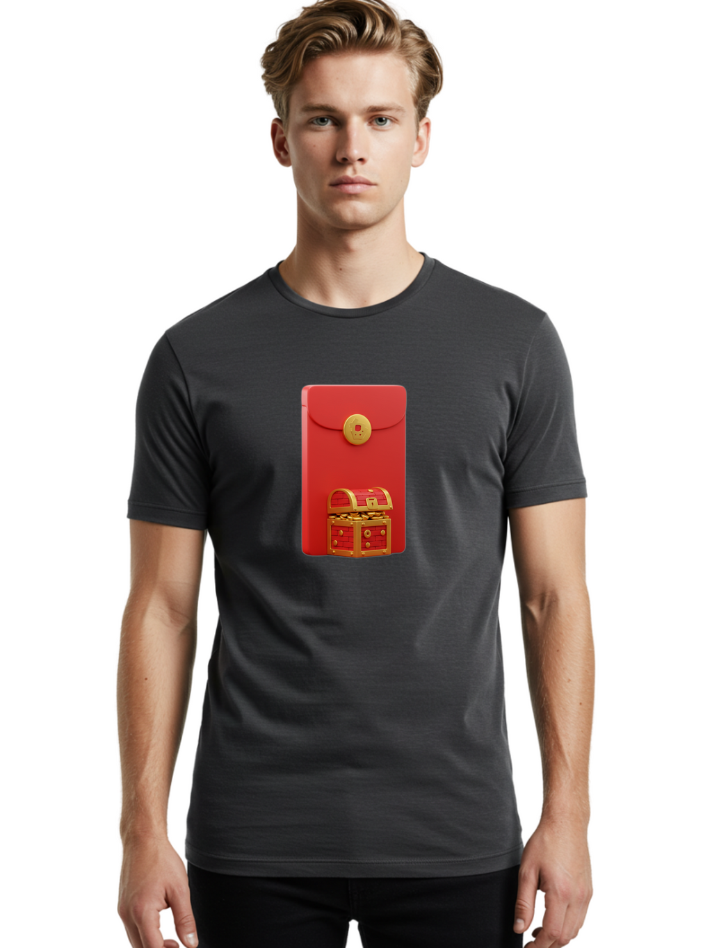 Red-Envelope Men'S Graphic Tee, 100% Cotton, Comfortable Casual Summer Wear, Machine Washable, Red Envelope With Golden Clasp, Treasure Chest Filled With Gold Coins, Prosperity Symbol, Good Fortune, Wealth, Luck, Festive Decoration, Bab329