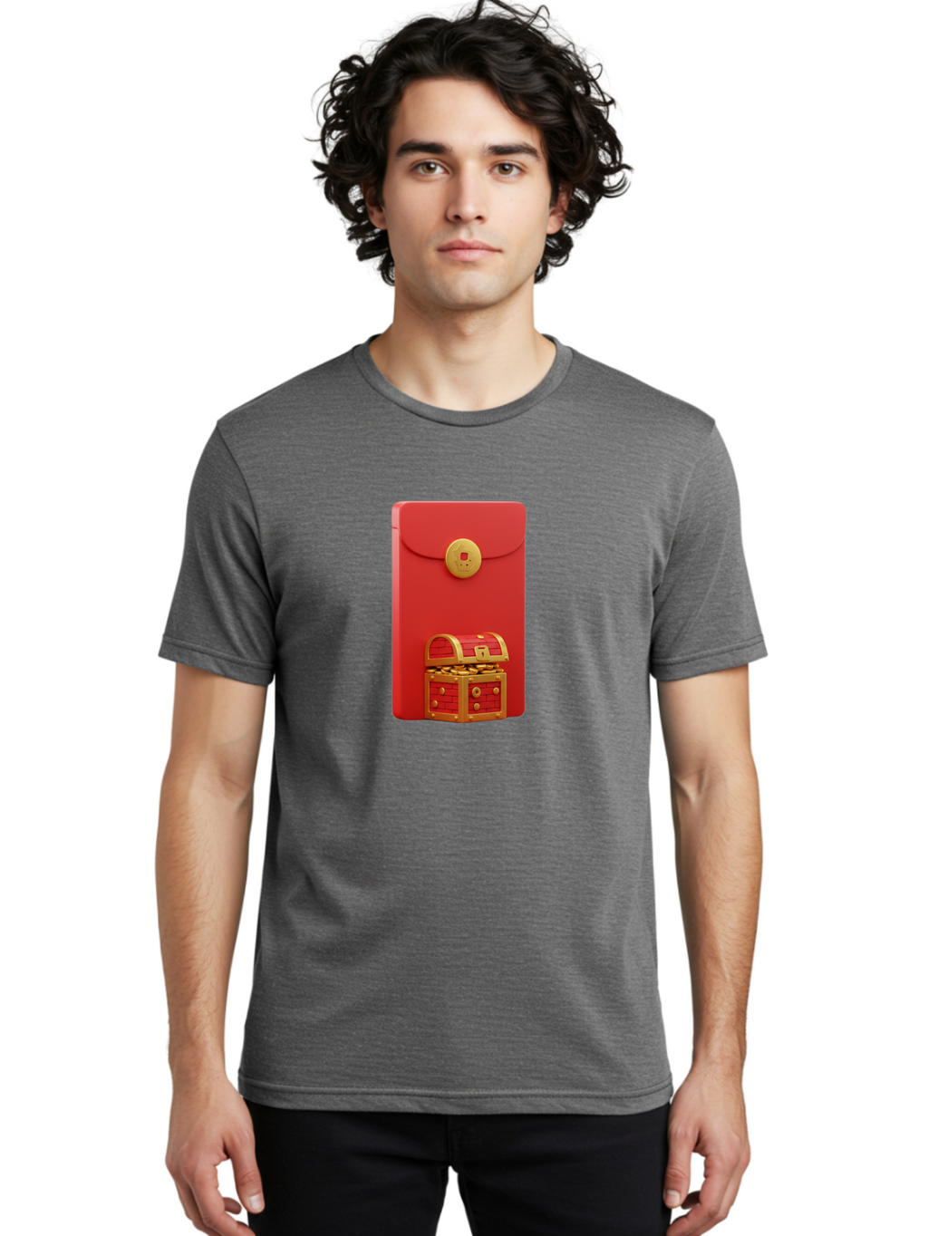 Red-Envelope Men'S Graphic Tee, 100% Cotton, Comfortable Casual Summer Wear, Machine Washable, Red Envelope With Golden Clasp, Treasure Chest Filled With Gold Coins, Prosperity Symbol, Good Fortune, Wealth, Luck, Festive Decoration, Bab329