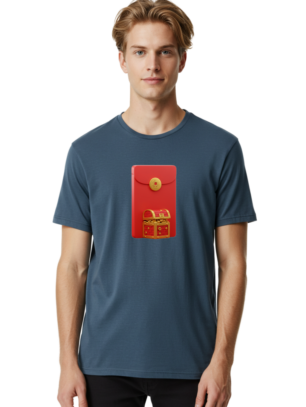 Red-Envelope Men'S Graphic Tee, 100% Cotton, Comfortable Casual Summer Wear, Machine Washable, Red Envelope With Golden Clasp, Treasure Chest Filled With Gold Coins, Prosperity Symbol, Good Fortune, Wealth, Luck, Festive Decoration, Bab329