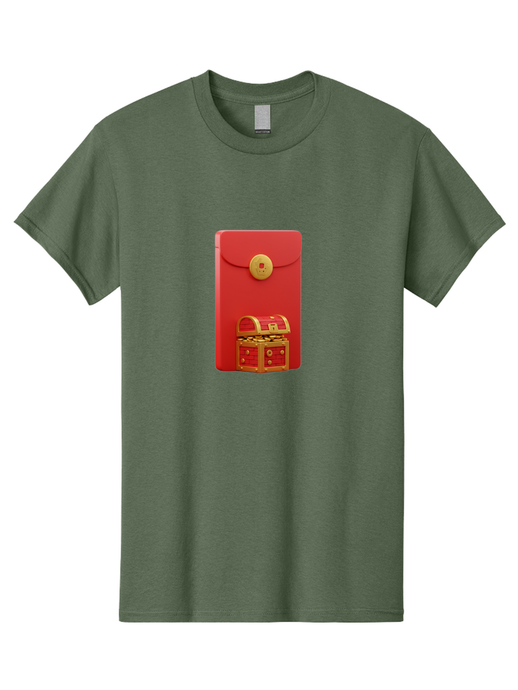 Red-Envelope Men'S Graphic Tee, 100% Cotton, Comfortable Casual Summer Wear, Machine Washable, Red Envelope With Golden Clasp, Treasure Chest Filled With Gold Coins, Prosperity Symbol, Good Fortune, Wealth, Luck, Festive Decoration, Bab329