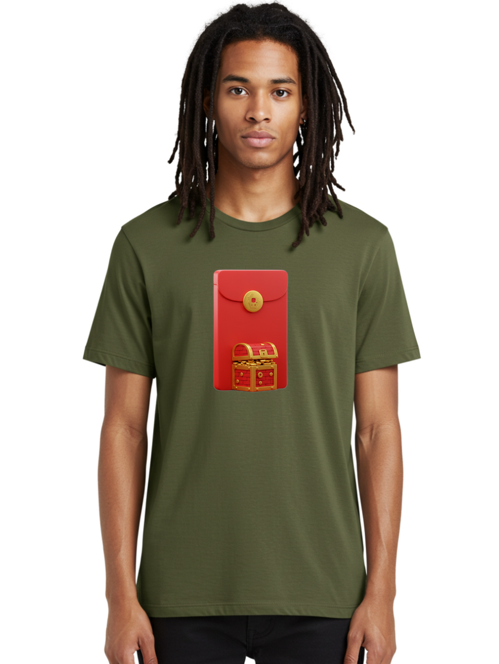 Red-Envelope Men'S Graphic Tee, 100% Cotton, Comfortable Casual Summer Wear, Machine Washable, Red Envelope With Golden Clasp, Treasure Chest Filled With Gold Coins, Prosperity Symbol, Good Fortune, Wealth, Luck, Festive Decoration, Bab329