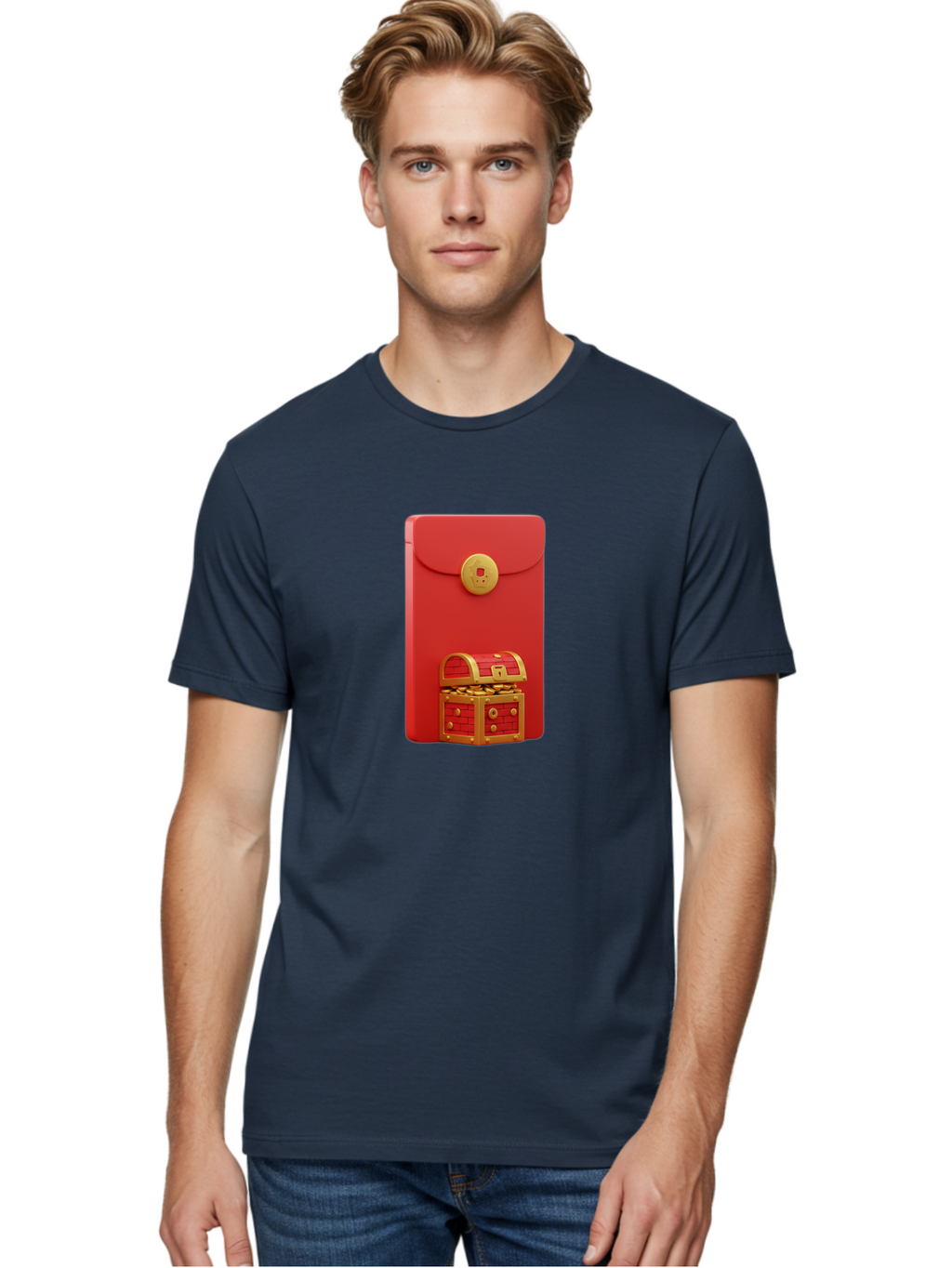 Red-Envelope Men'S Graphic Tee, 100% Cotton, Comfortable Casual Summer Wear, Machine Washable, Red Envelope With Golden Clasp, Treasure Chest Filled With Gold Coins, Prosperity Symbol, Good Fortune, Wealth, Luck, Festive Decoration, Bab329