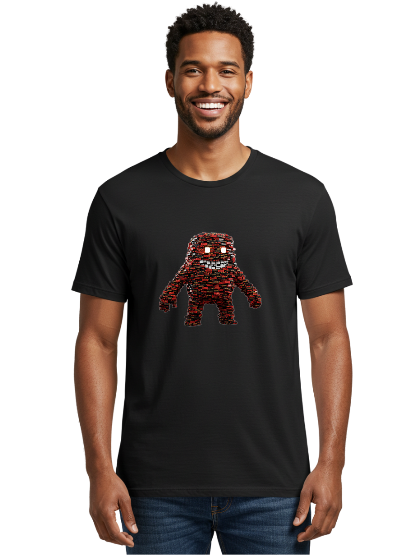 Red-Pixel-Monster Men'S Graphic Tee, 100% Cotton, Comfortable Casual Summer Wear, Machine Washable, Mosaic Art, Pixelated Creature, Red And Black Hues, Glowing Eyes, Abstract Character, Digital Artwork, Creative Design, Futuristic Being, Bab330