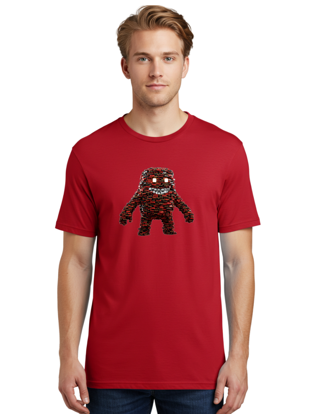 Red-Pixel-Monster Men'S Graphic Tee, 100% Cotton, Comfortable Casual Summer Wear, Machine Washable, Mosaic Art, Pixelated Creature, Red And Black Hues, Glowing Eyes, Abstract Character, Digital Artwork, Creative Design, Futuristic Being, Bab330