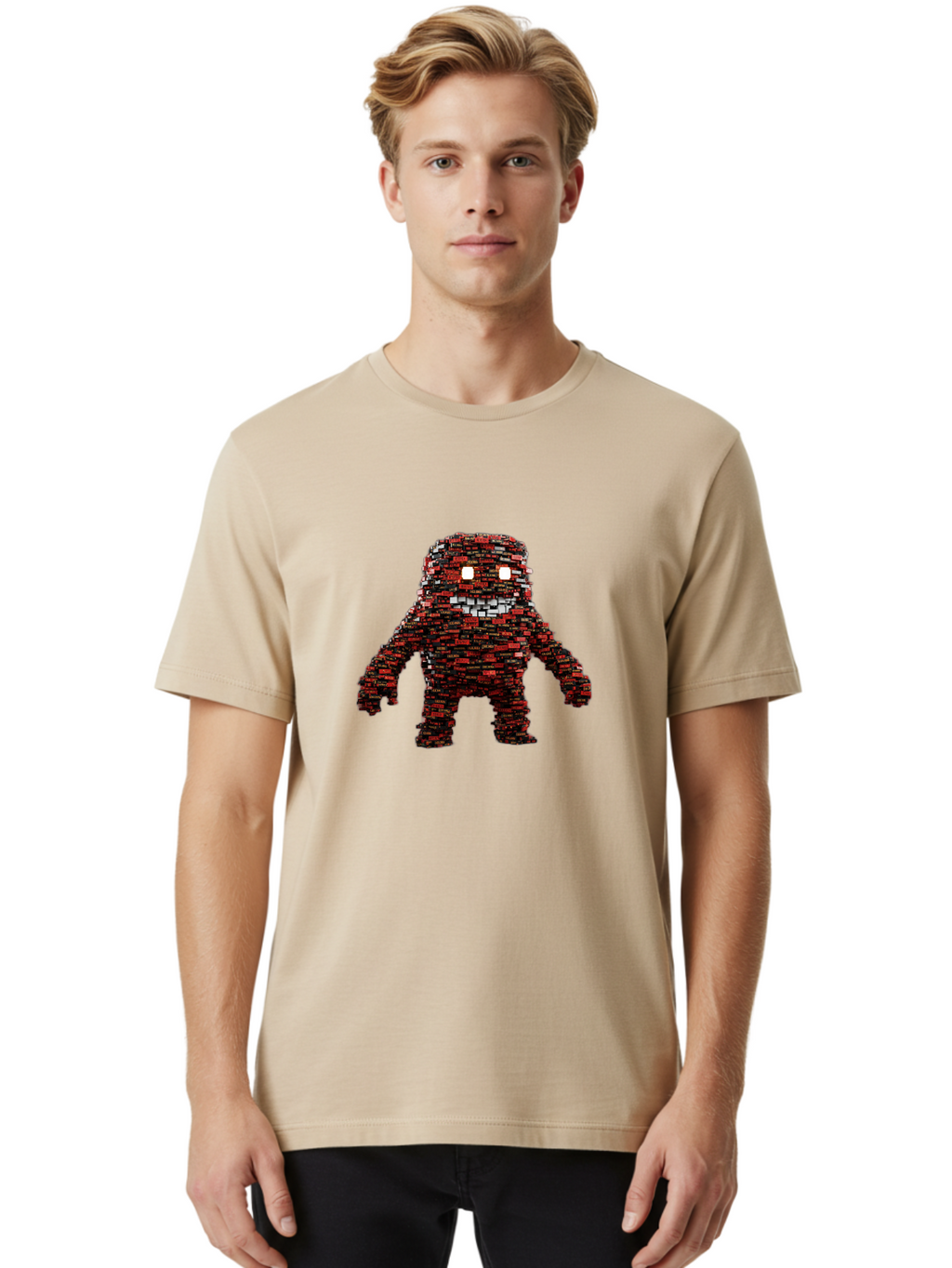 Red-Pixel-Monster Men'S Graphic Tee, 100% Cotton, Comfortable Casual Summer Wear, Machine Washable, Mosaic Art, Pixelated Creature, Red And Black Hues, Glowing Eyes, Abstract Character, Digital Artwork, Creative Design, Futuristic Being, Bab330